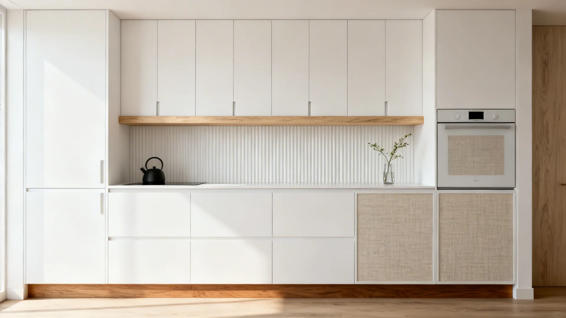 Minimalist white slab cabinets with oak accents and a clean, warm small-kitchen look.