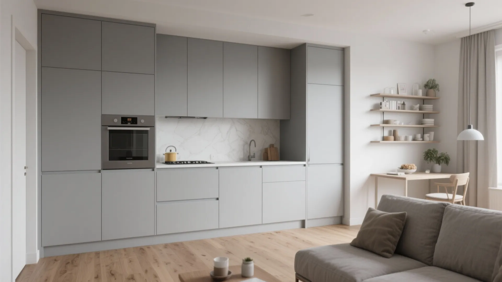 Modern grey kitchen cabinets with built in oven wood floor and sofa in open space