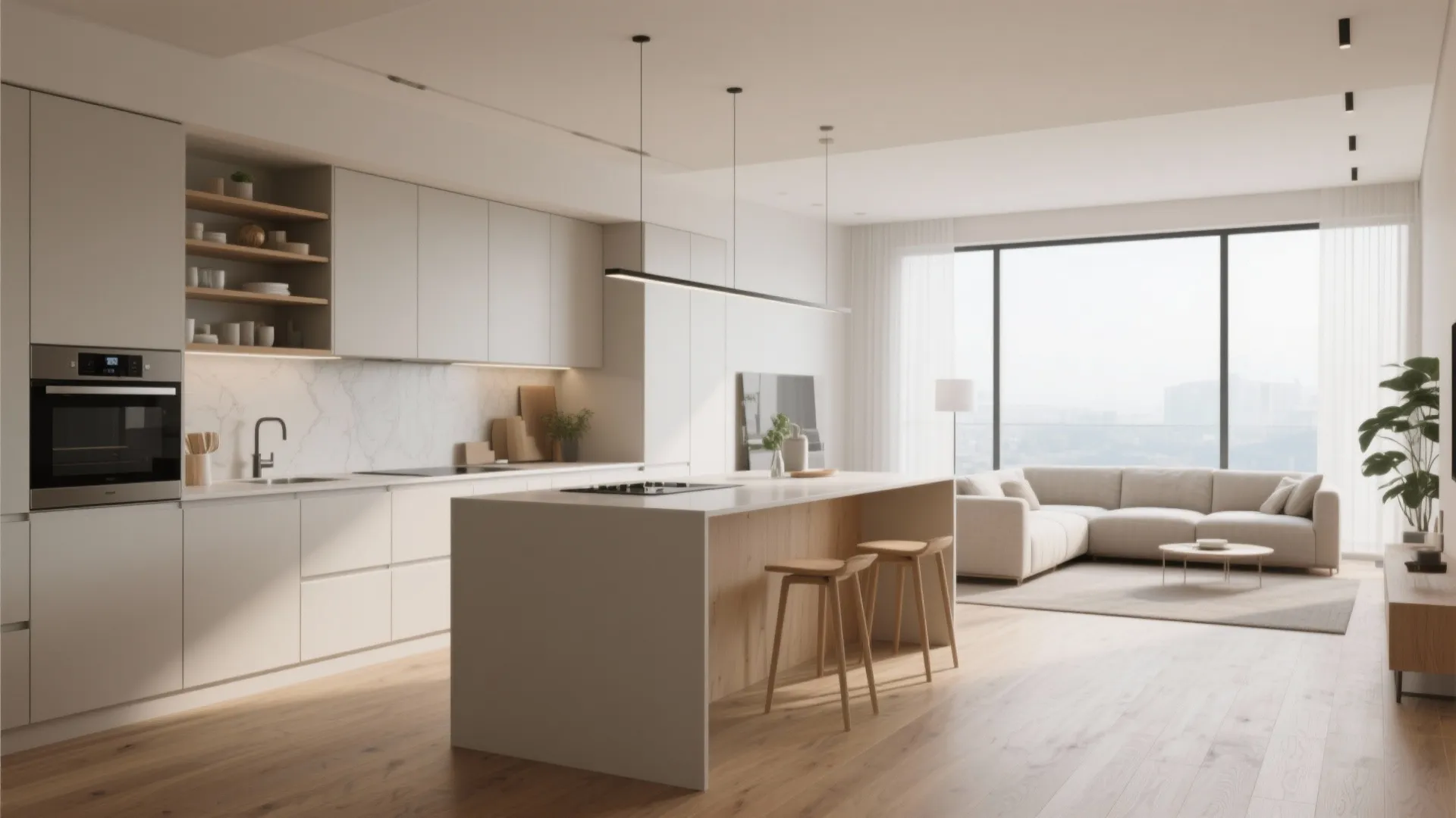 Minimalist open kitchen with handleless cabinets and hidden shelves
