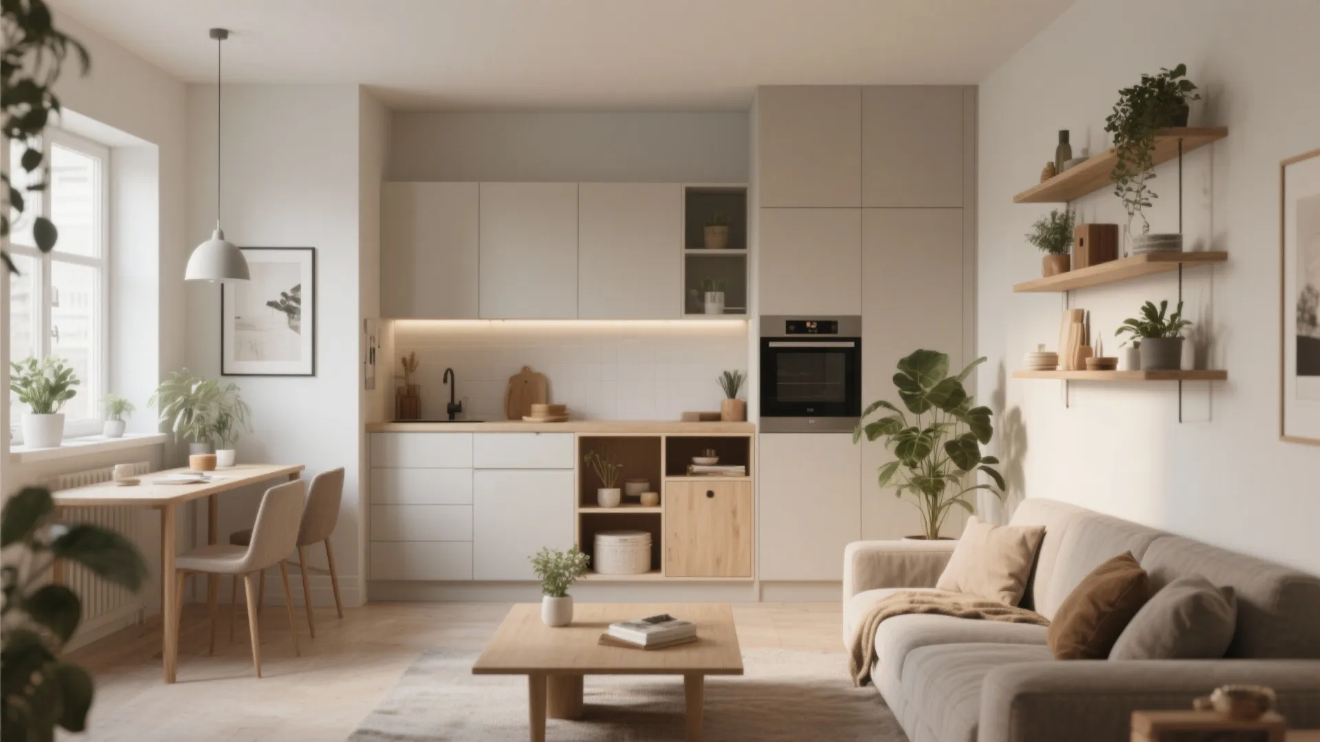 Minimalist storage in small open living and kitchen area
