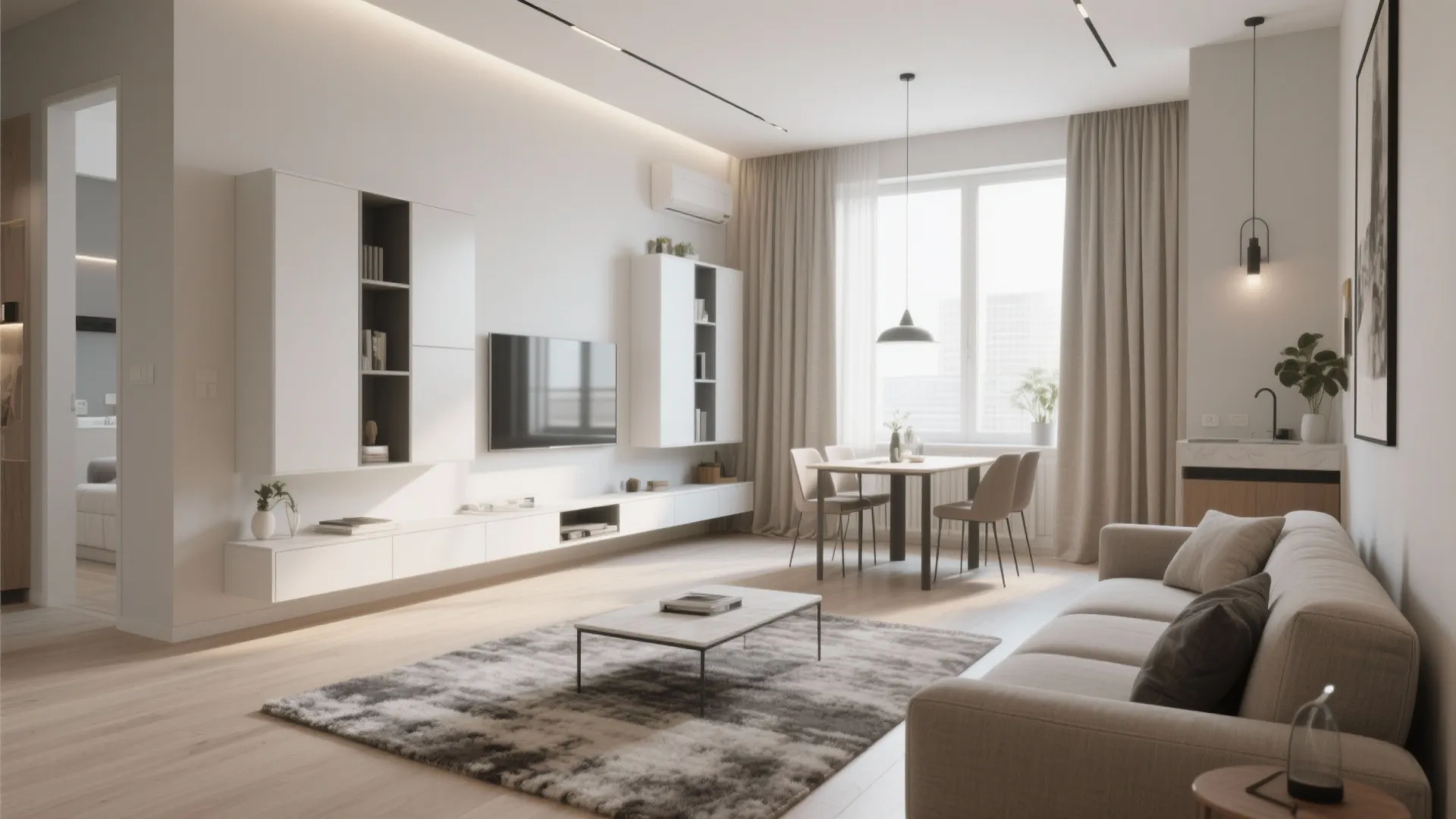 Minimalist living room with wall mounted television white storage cabinets beige sofa and dining table