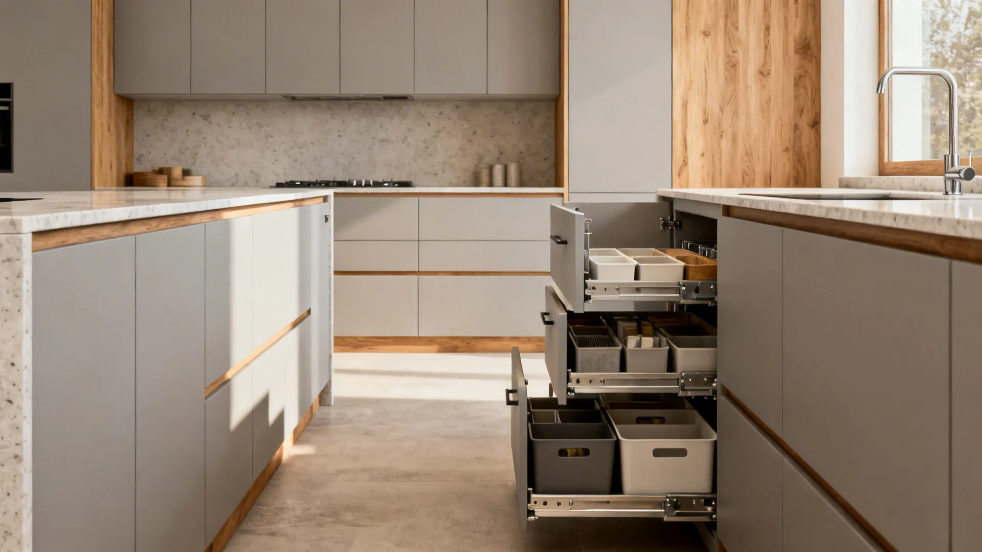 Minimalist galley kitchen with fewer uppers and a full-height pantry with pull-out drawers.