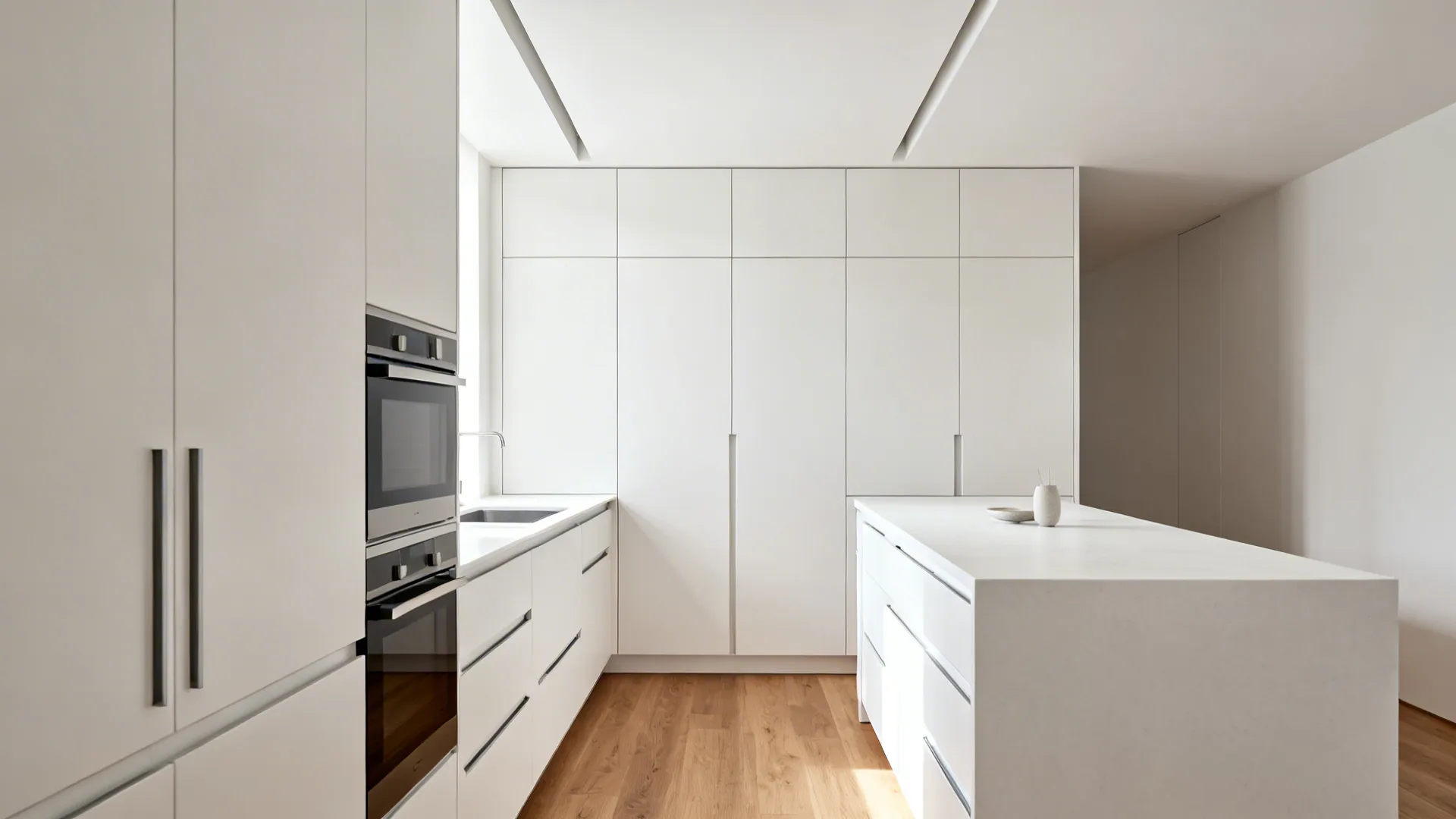 Minimalist kitchen with seamless matte slab cabinets, integrated pulls, and a full-height pantry wall.