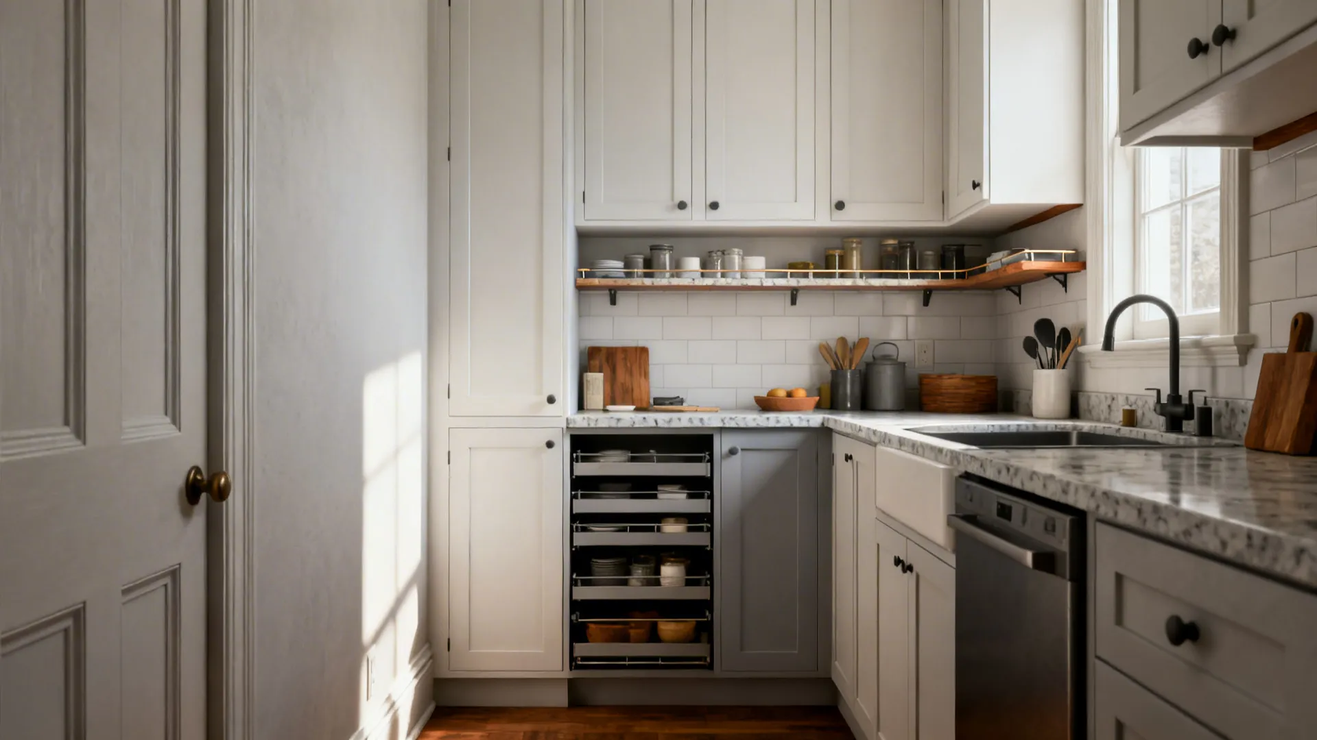 Slim pantry pull-outs and shallow uppers add smart storage to a compact Pittsburgh galley kitchen.