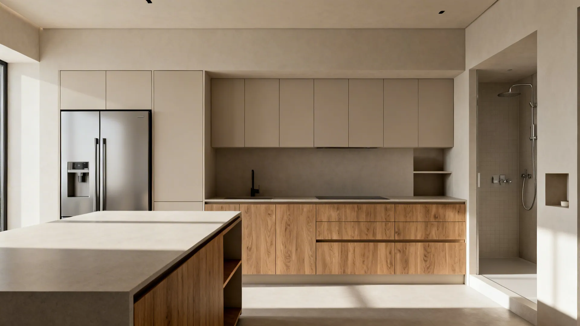 Minimalist small kitchen and bath with full-height pantry, recessed niche, and handleless cabinets.