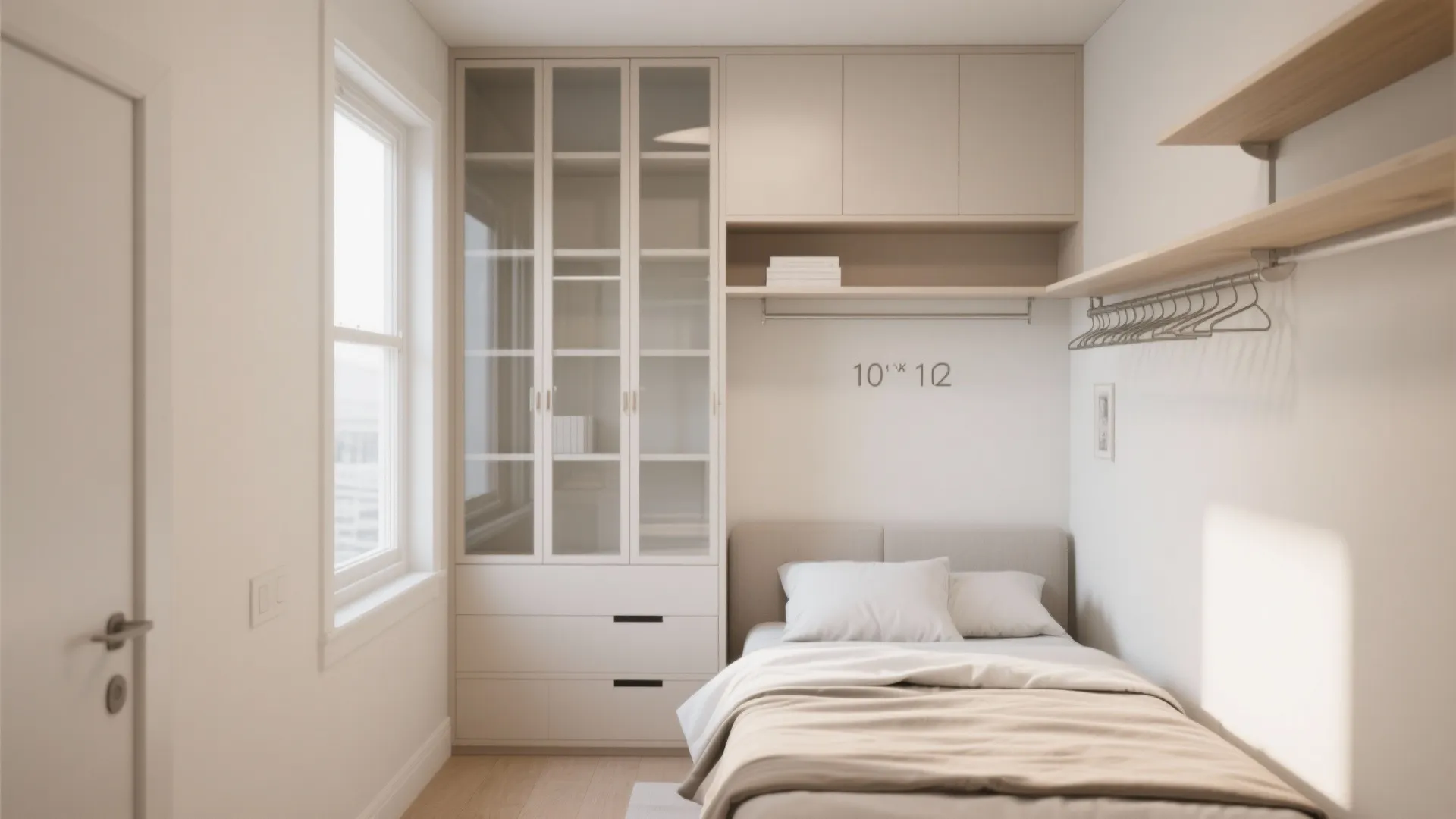 Small minimalist bedroom featuring white built-in cabinet with glass doors, shelving, and simple single bed