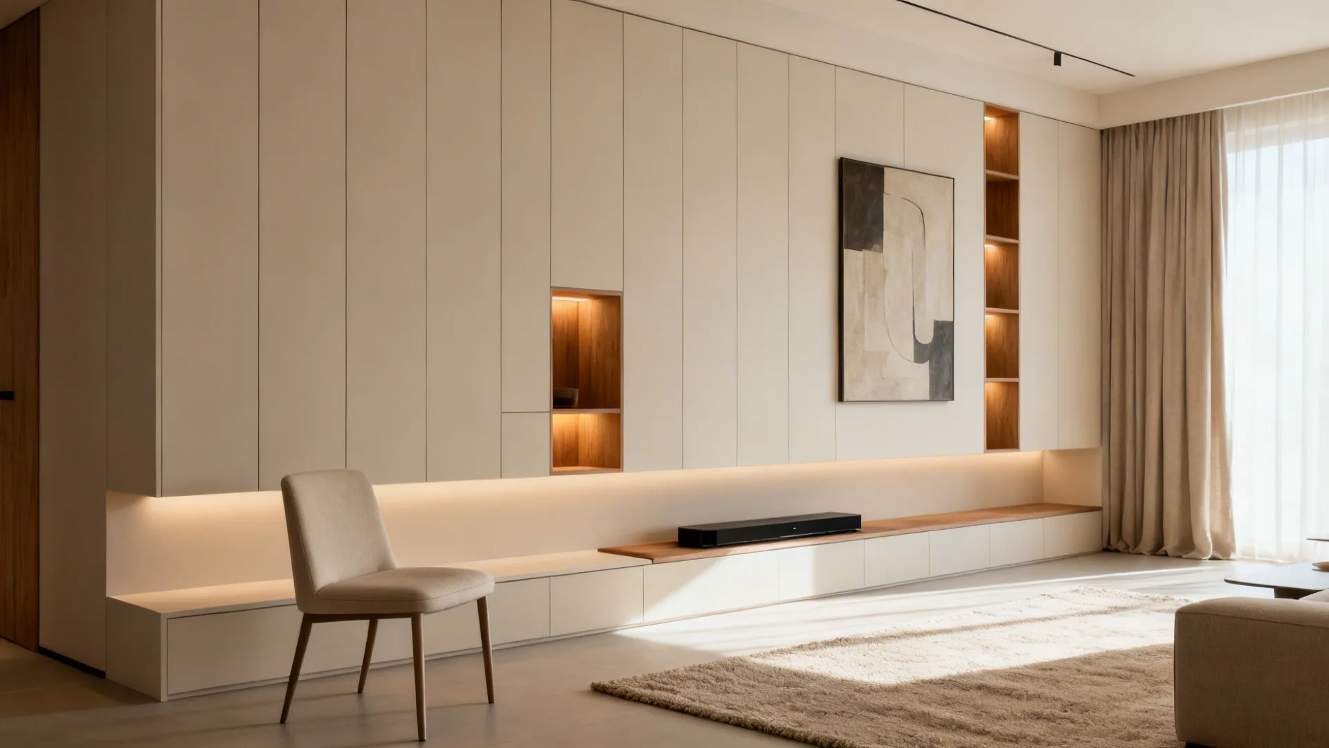 Small living room with full-height closed cabinets, niche lighting, and a statement art piece for refined order.
