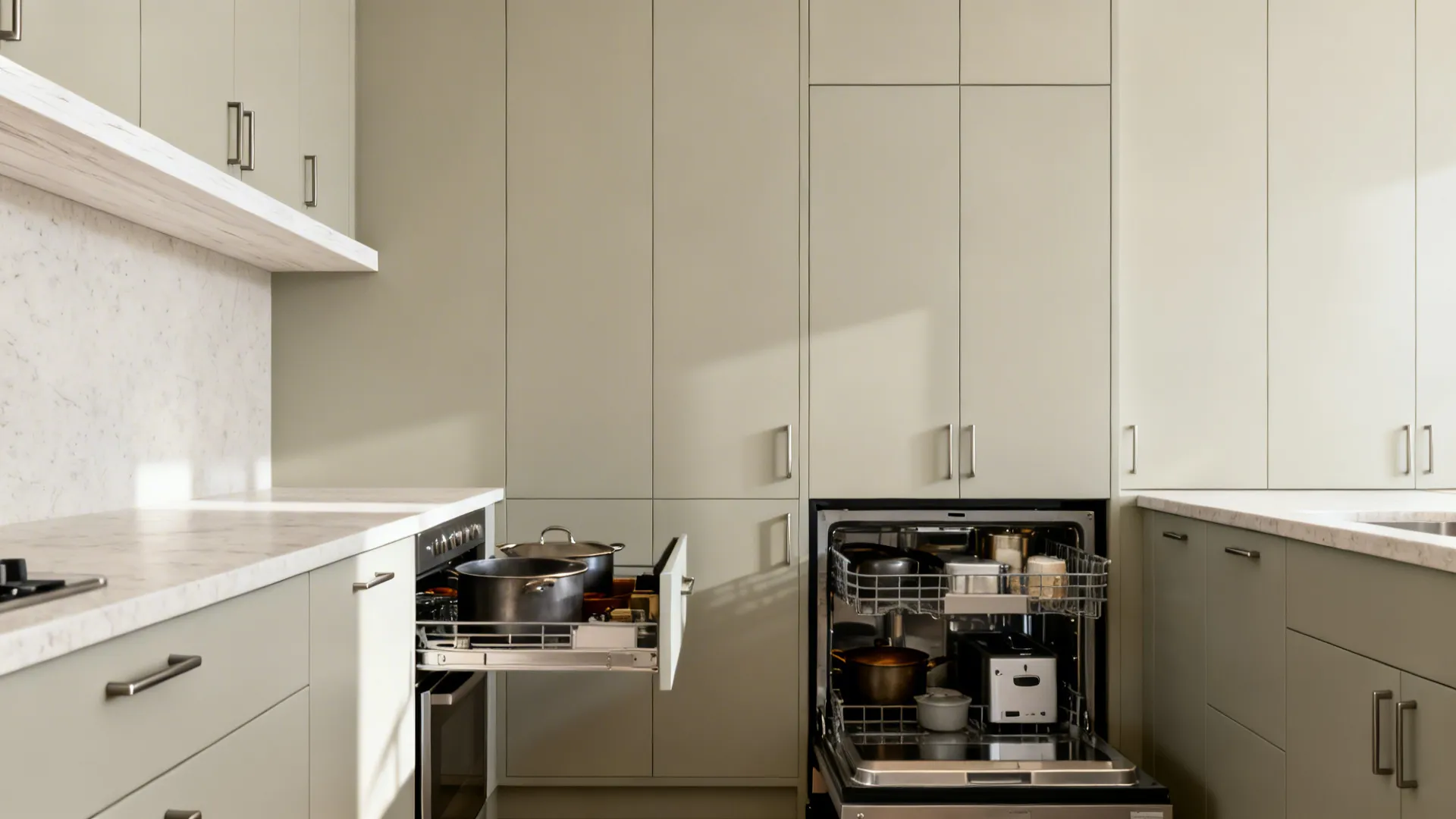 Low-contrast slab-front cabinets with integrated pulls and deep drawers in a small kitchen.