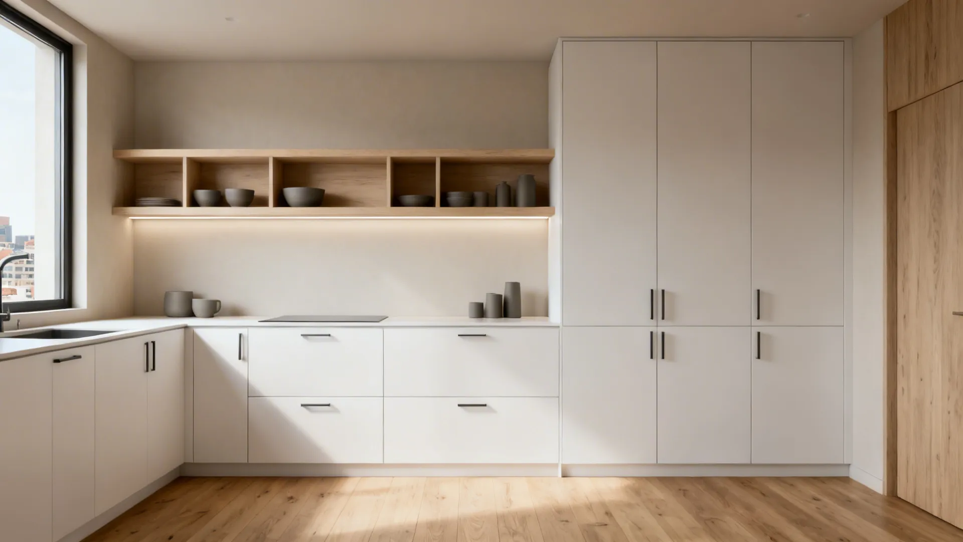 Minimalist kitchen with slim white cabinetry and pale ash open shelves maximizing storage.