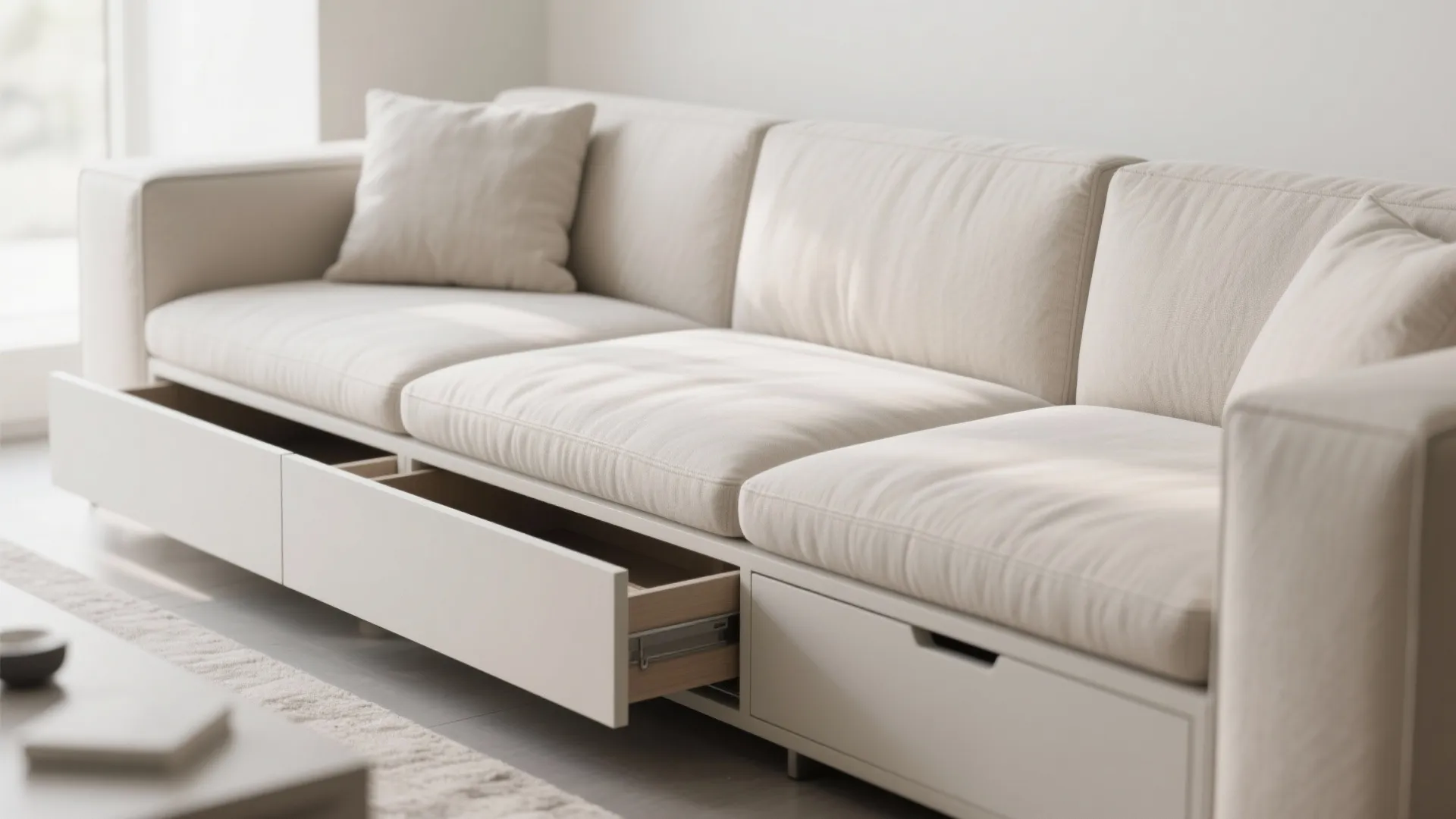 Modern white sofa with open storage drawers underneath showing extra space for organizing home items
