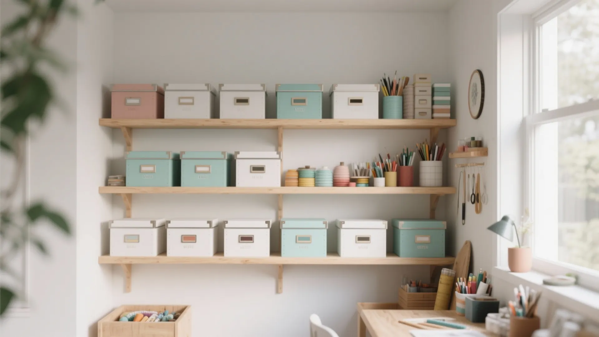 Minimalist wooden wall shelves with pastel storage boxes and art supplies in a bright room