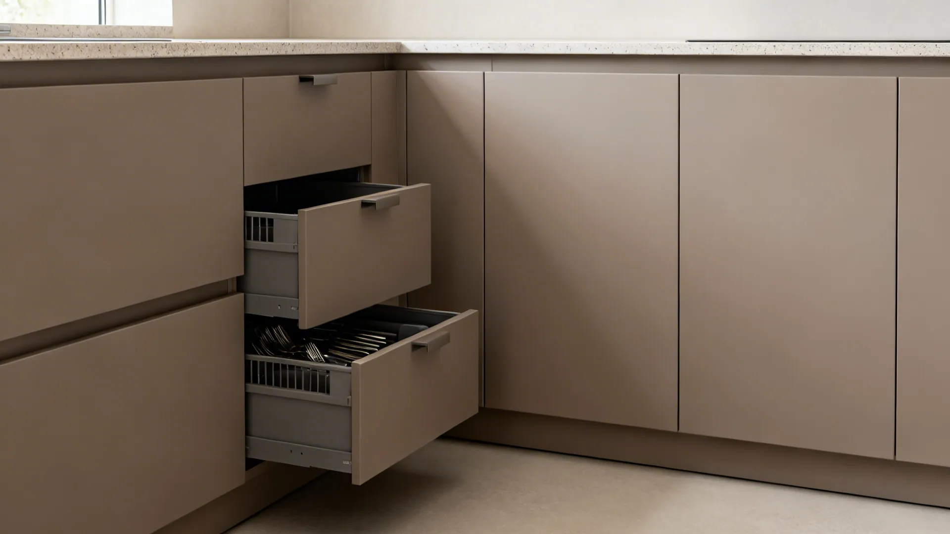 Minimalist small kitchen with slim base cabinets and clean sightlines.