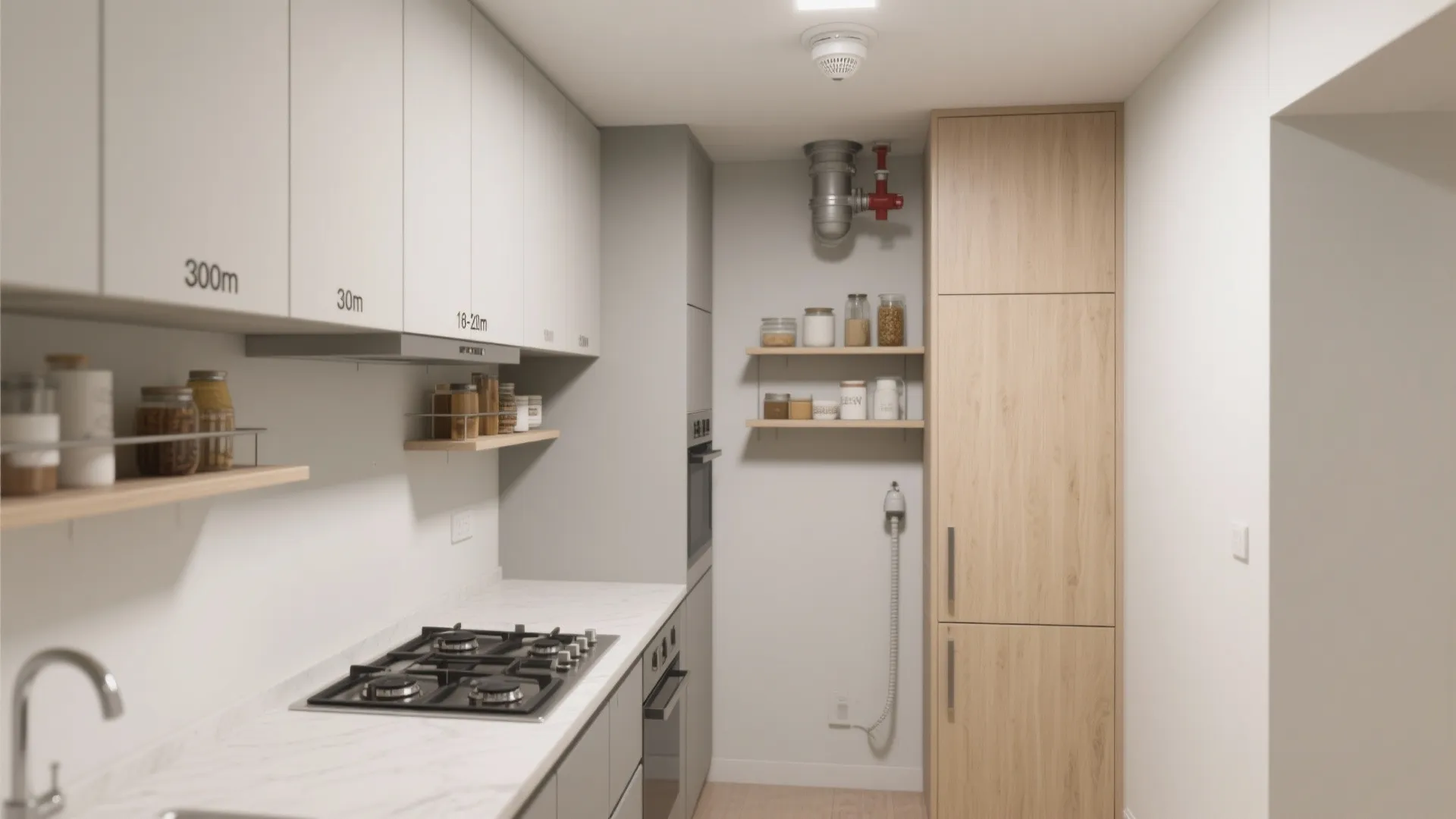 Minimalist Kitchen Storage That Respects Sprinkler Coverage