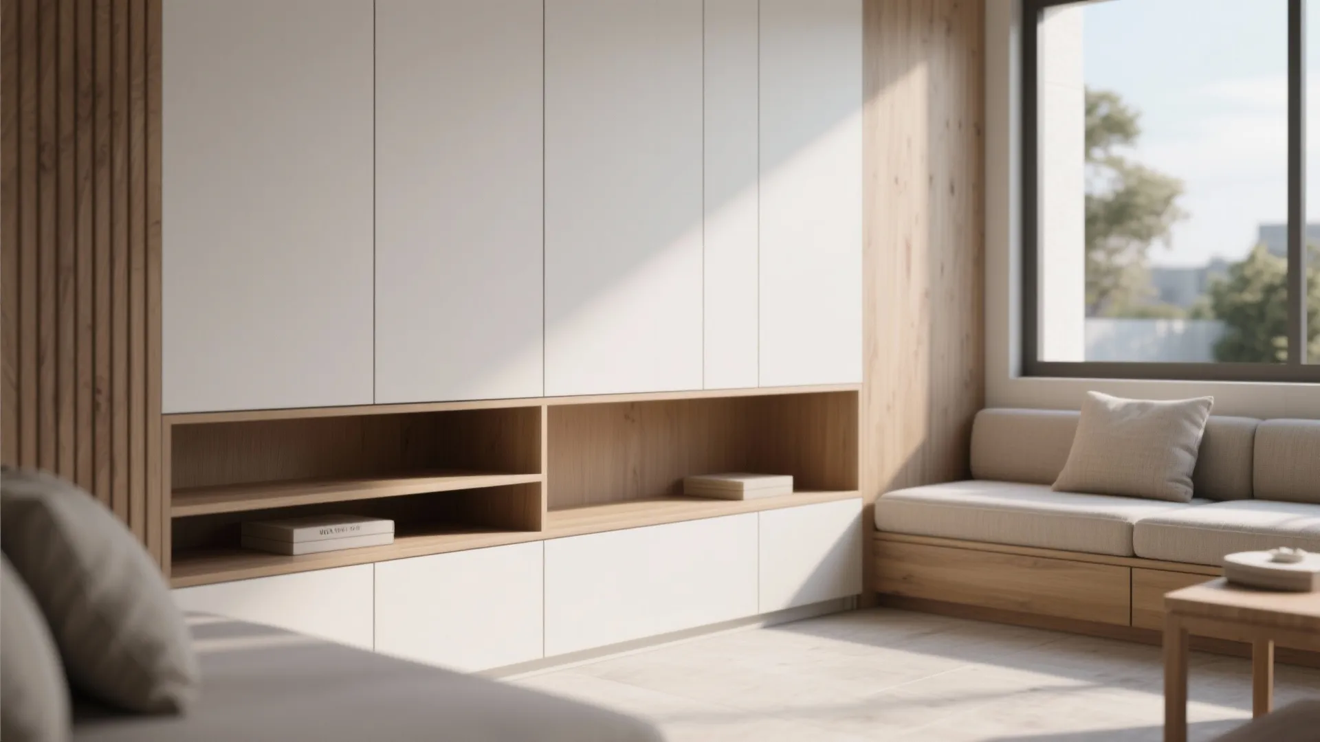 Minimalist white wall cabinet with wooden open shelves near a cozy window seat with pillows