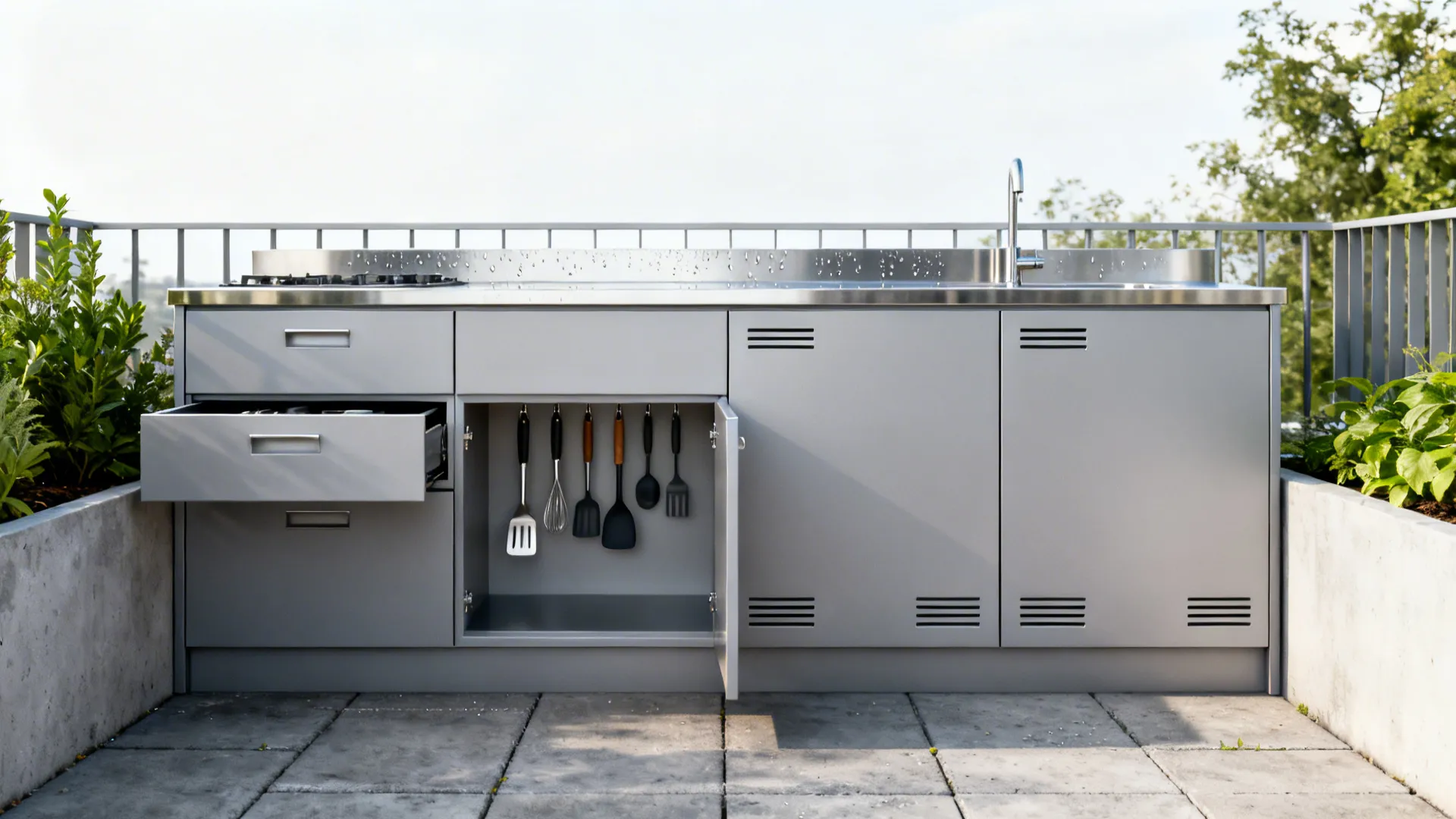 Matte metal outdoor cabinets with two deep drawers and an open niche on a small terrace.