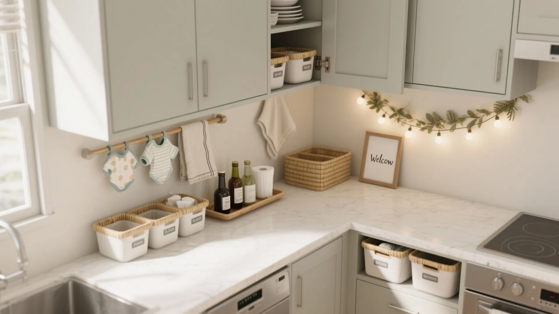 Minimalist kitchen storage for a gentle baby welcome