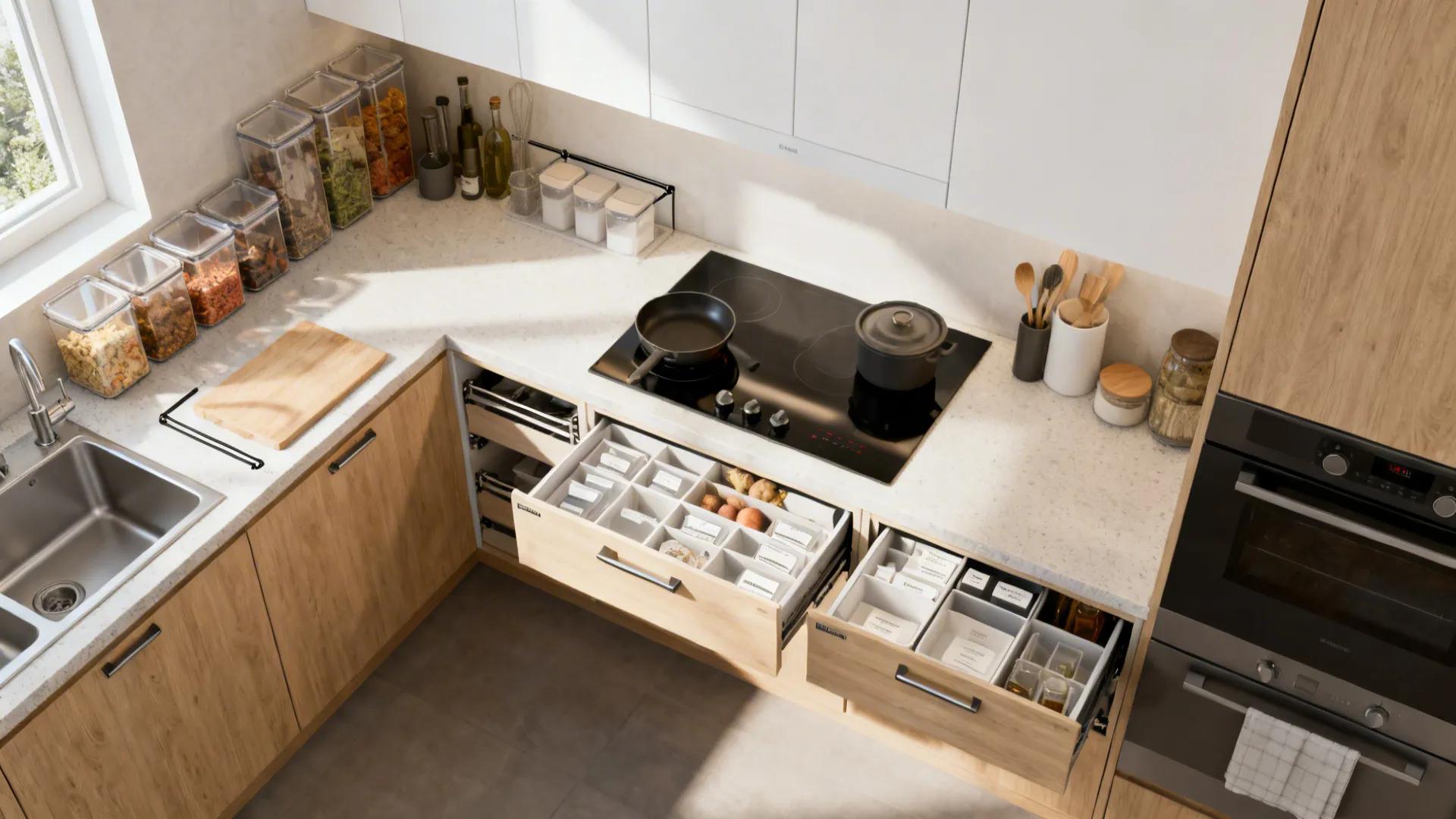 Top-down view of a decluttered 6x6 kitchen with slim organizers and uniform containers.