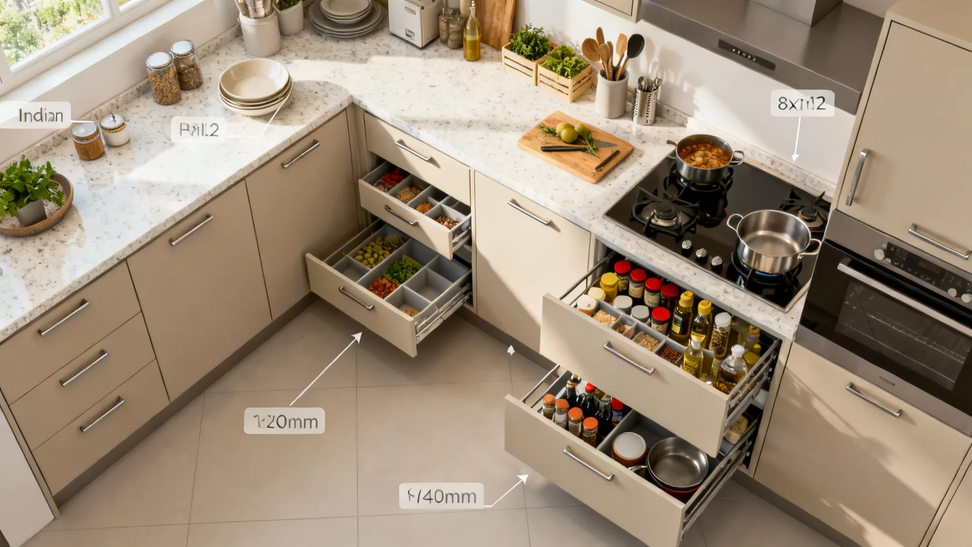 Top-down layout of an 8x12 kitchen with deep drawers, spice pull-out, and full-height pantry storage.