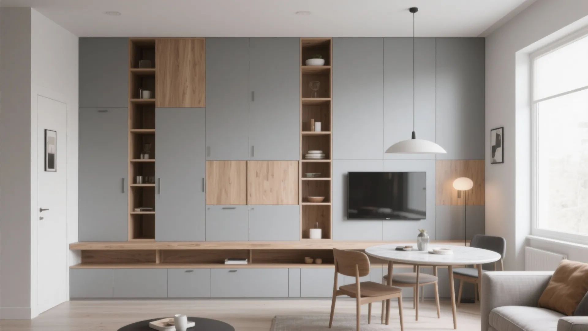 Minimalist grey and wood storage cabinet wall with television and small round white dining table