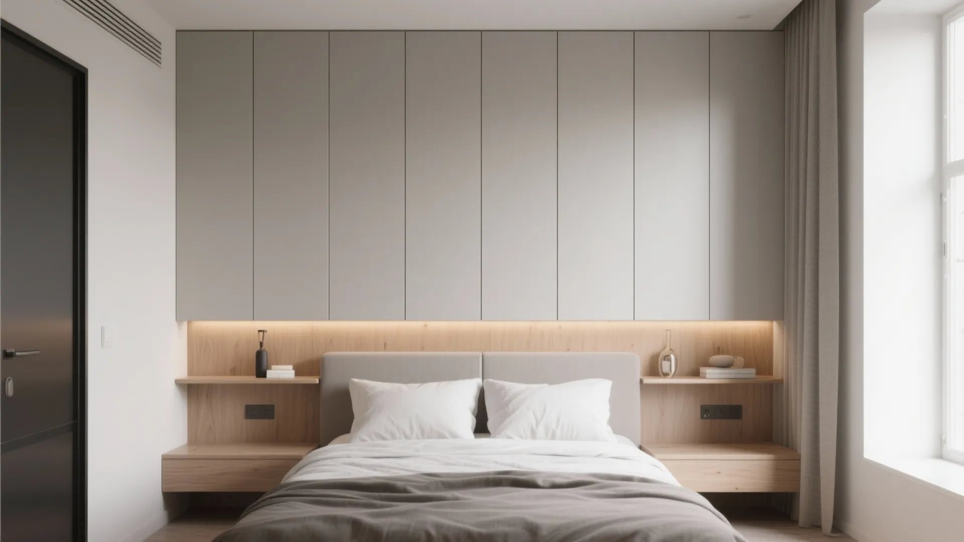 Minimalist wall of built-in cabinets serving as bed backdrop