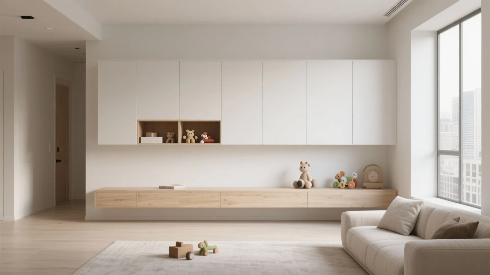 Wall-mounted minimalist storage cabinets in living room