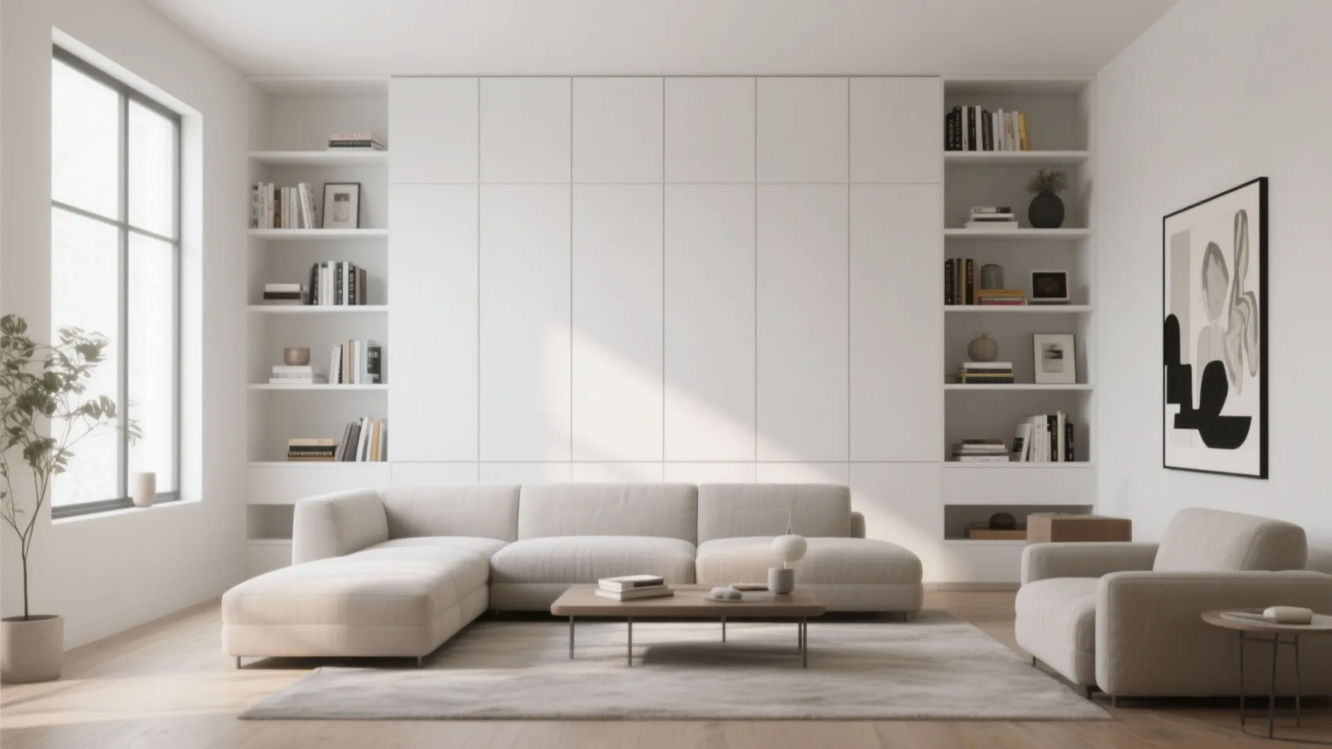 Minimalist white living room with storage wall cabinets bookshelf cream sofa and wooden coffee table