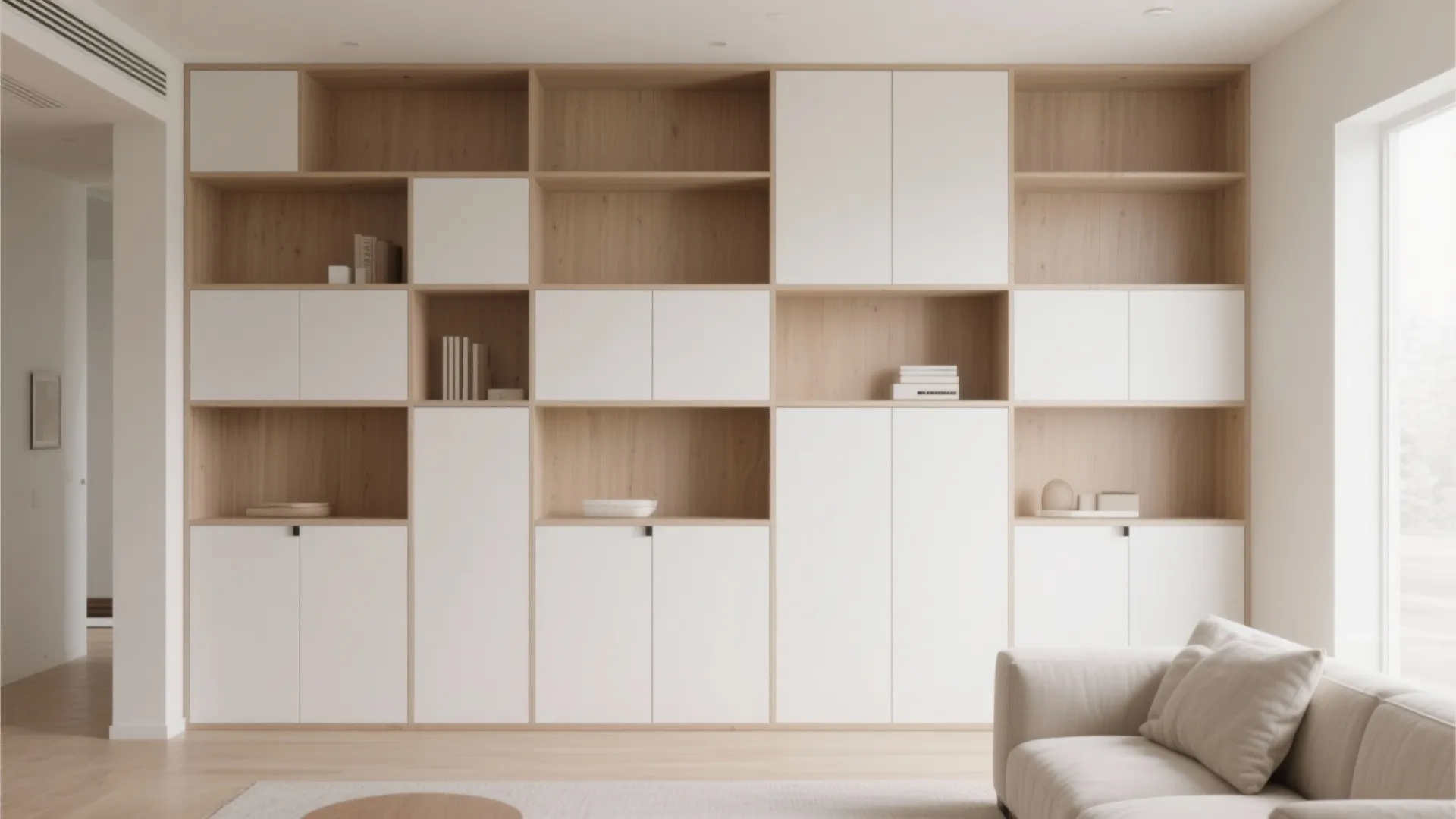 Minimalist wall cabinet system with white doors and wooden shelves next to a white sofa