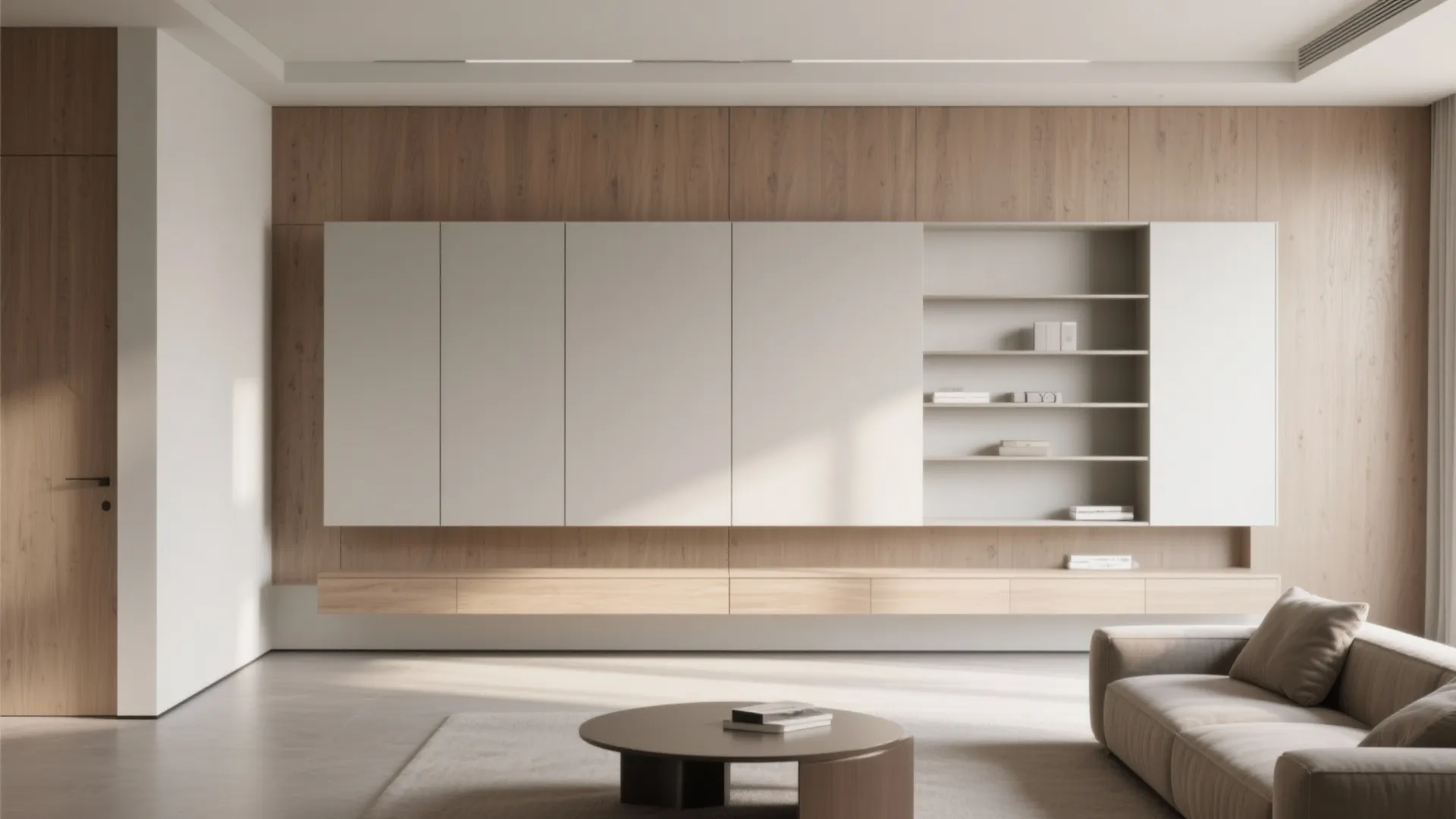 Minimalist living room with large white wall cabinet and wooden panels and comfortable brown sofa
