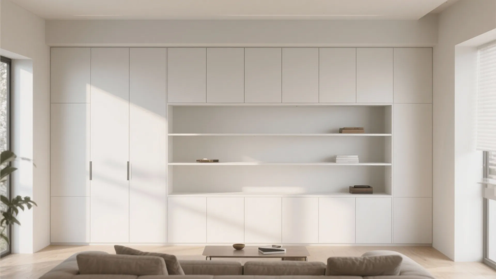 Minimalist white floor to ceiling wall cabinet with open shelves in a bright modern room