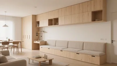 Scandinavian Living Room with Built-In Storage & Light Wood Finishes