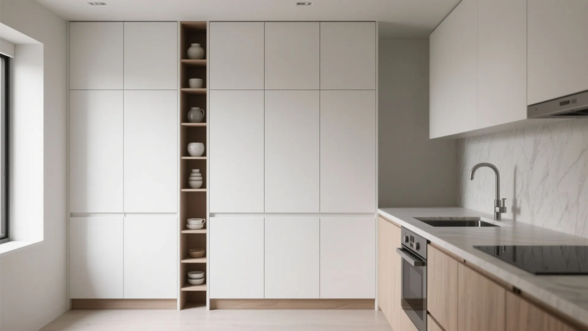 Modern white floor to ceiling storage cabinet with wooden open shelves next to kitchen sink