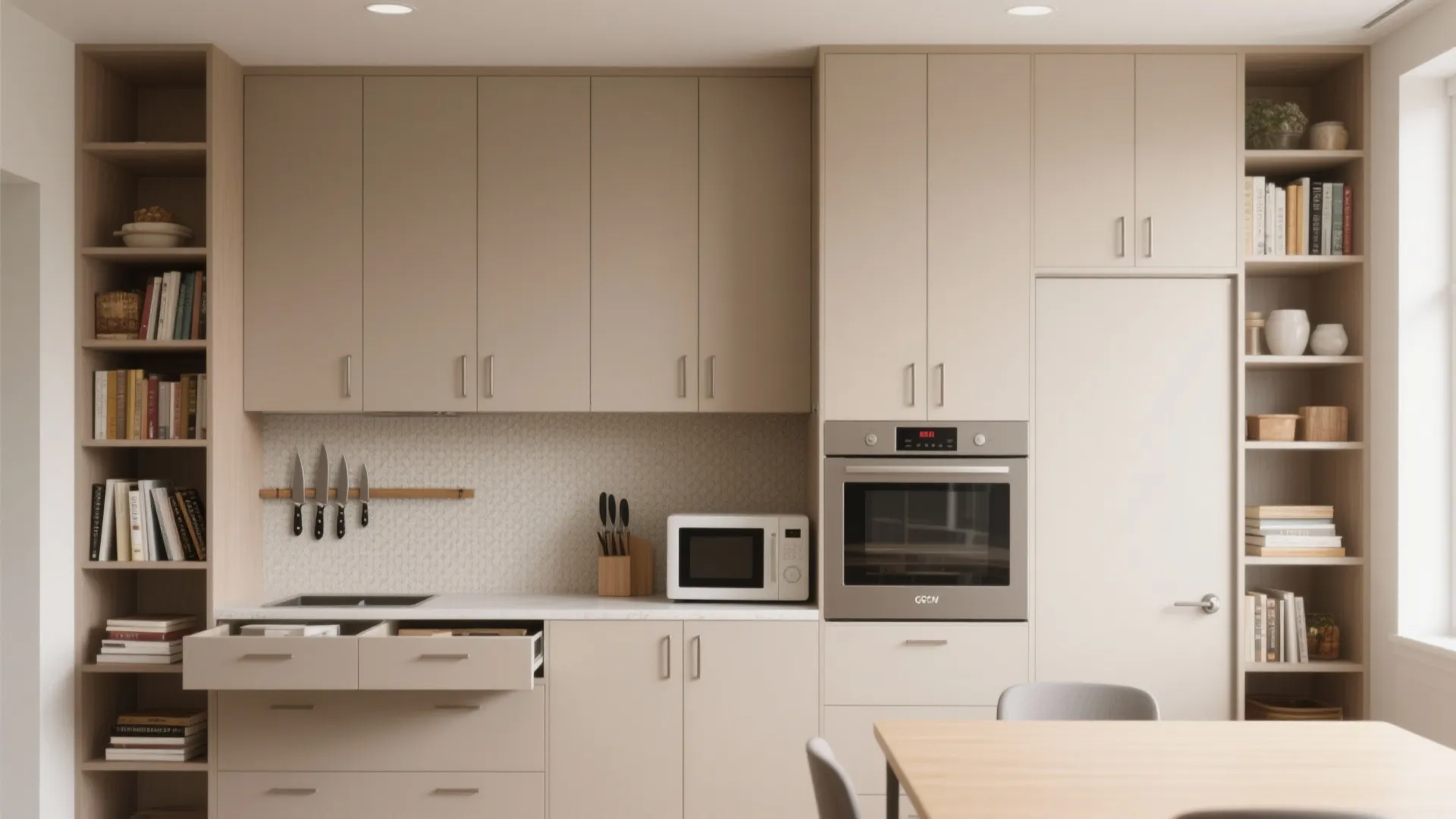 Symmetric beige kitchen cabinets with built in oven microwave wall shelves and wooden dining table set
