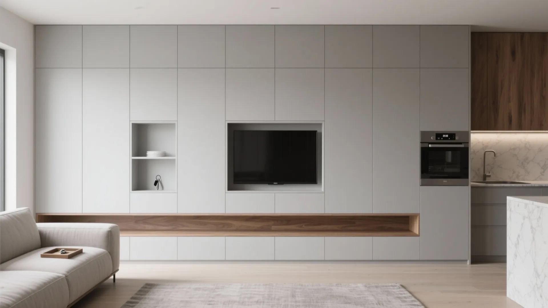 Minimalist storage that blends kitchen and lounge