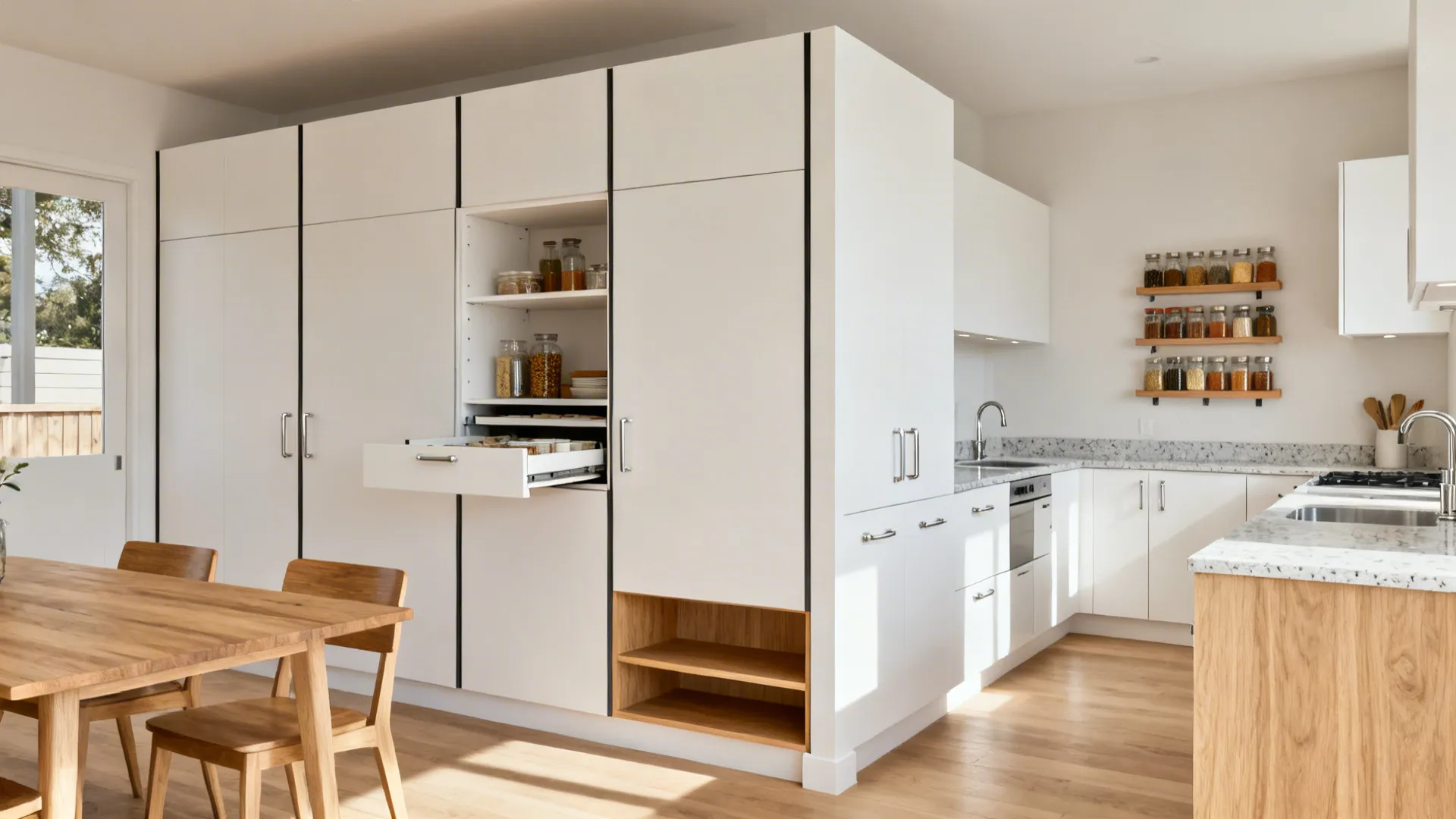 Minimalist 36-inch half wall with shallow pull-out storage and spice racks in a studio kitchen.