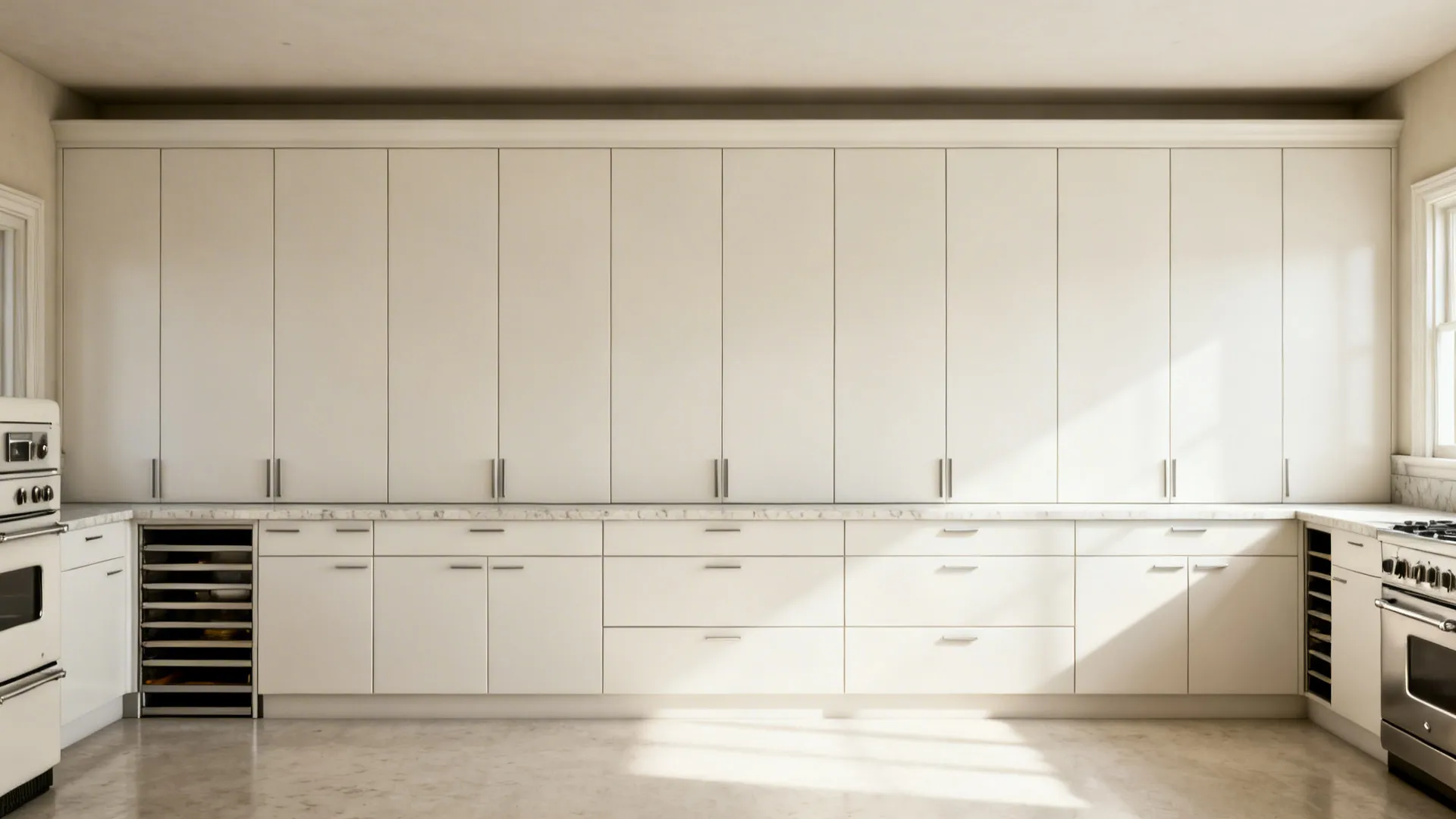 Minimalist slab-door cabinet wall with integrated pulls and hidden storage in a small bungalow kitchen.
