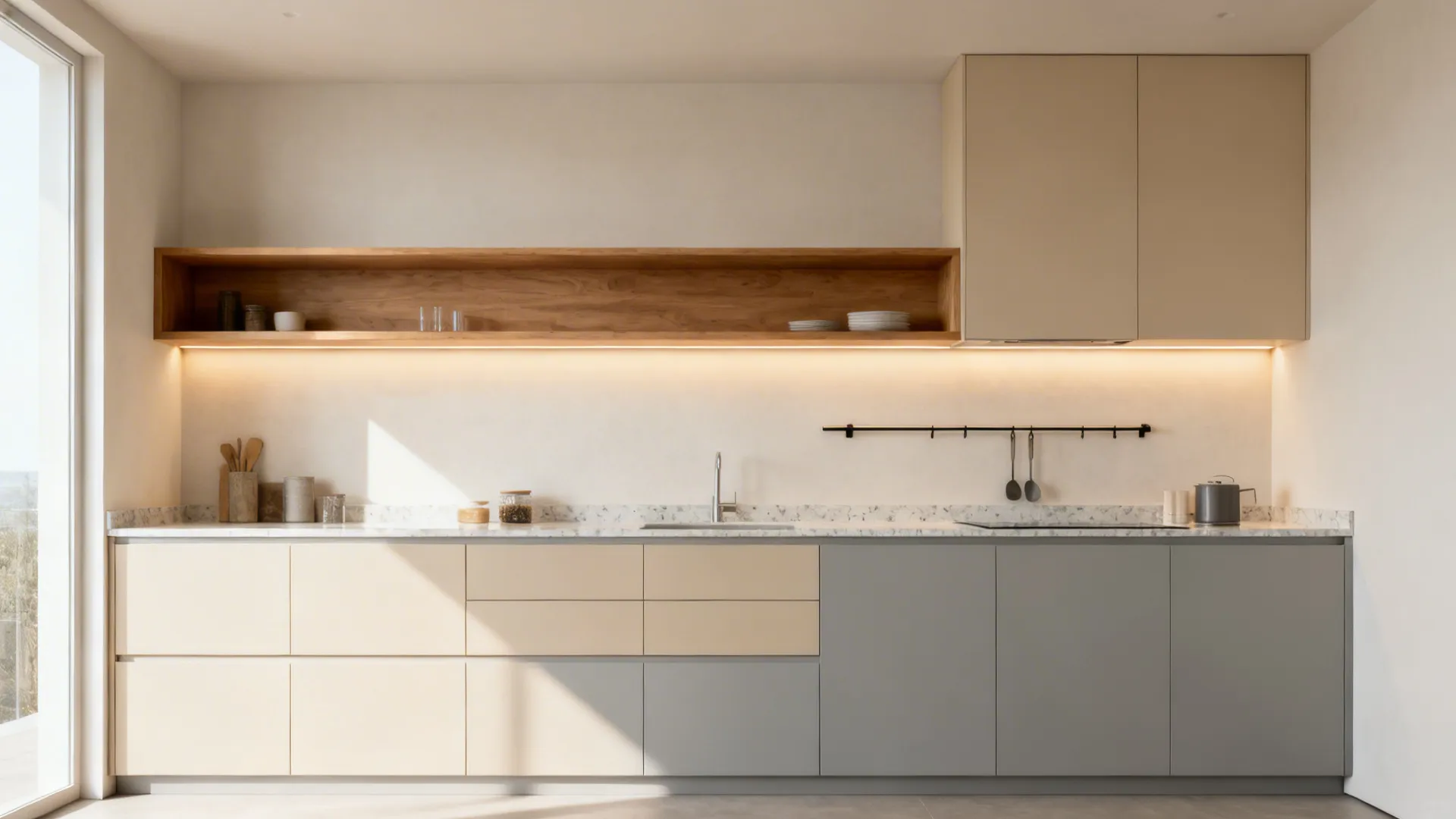 2.2 m minimalist kitchen with slim base units and a single open shelf glowing with warm LEDs.