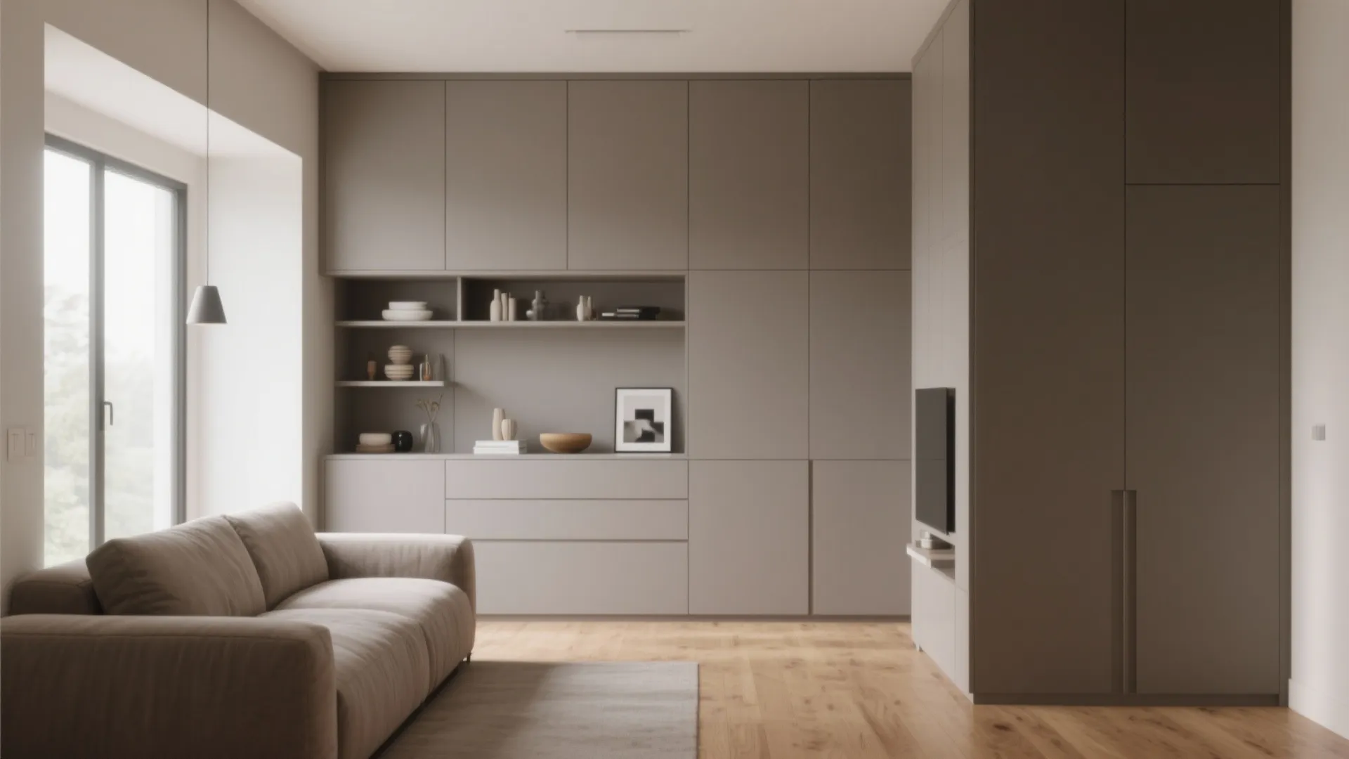 Modern living room with brown sofa wooden floor large grey wall cabinet and natural light