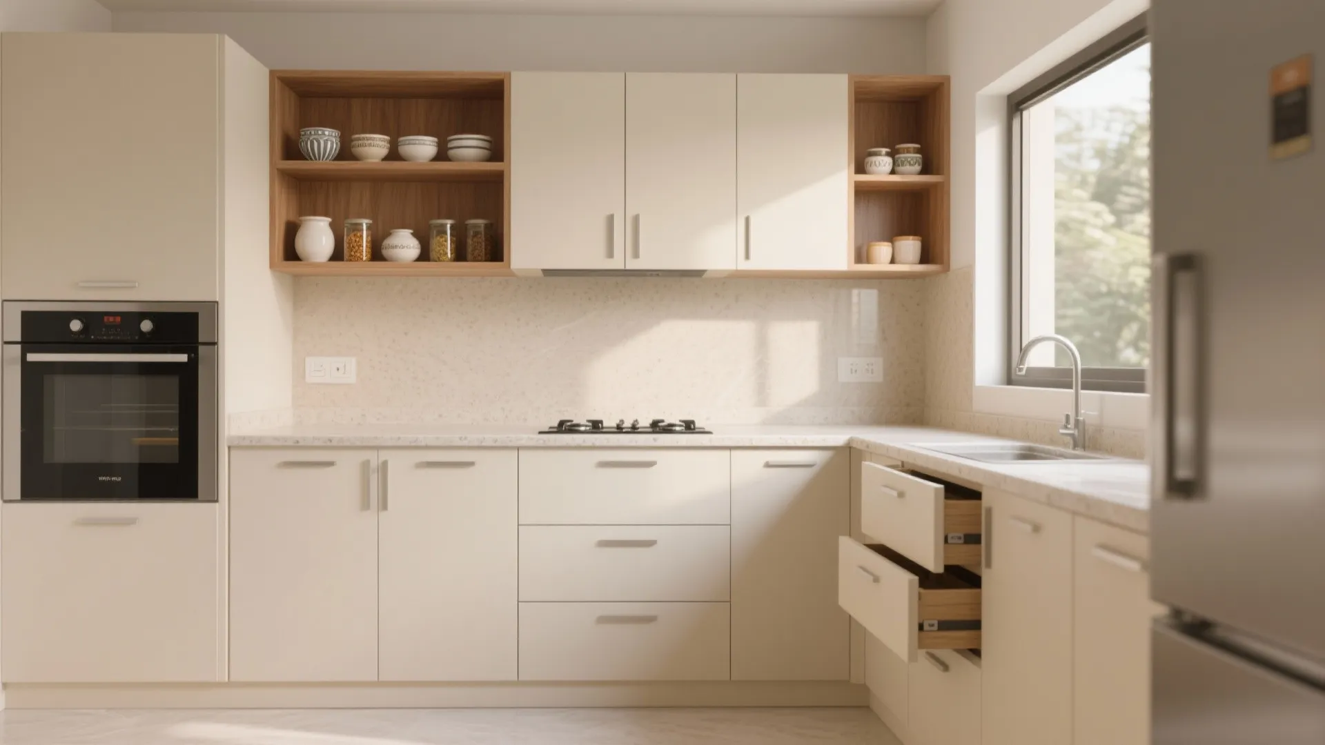 Minimalist kitchen storage with a warm tone