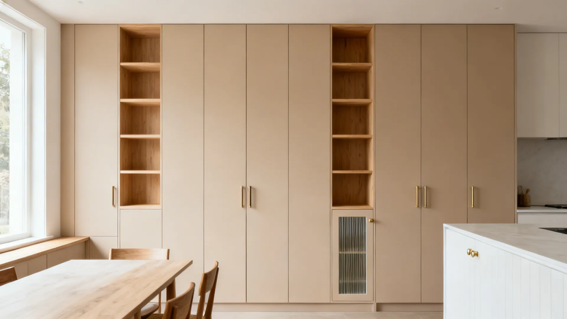 Minimalist full-height matte putty cabinets with integrated pulls and warm oak open shelves in a small kitchen diner.