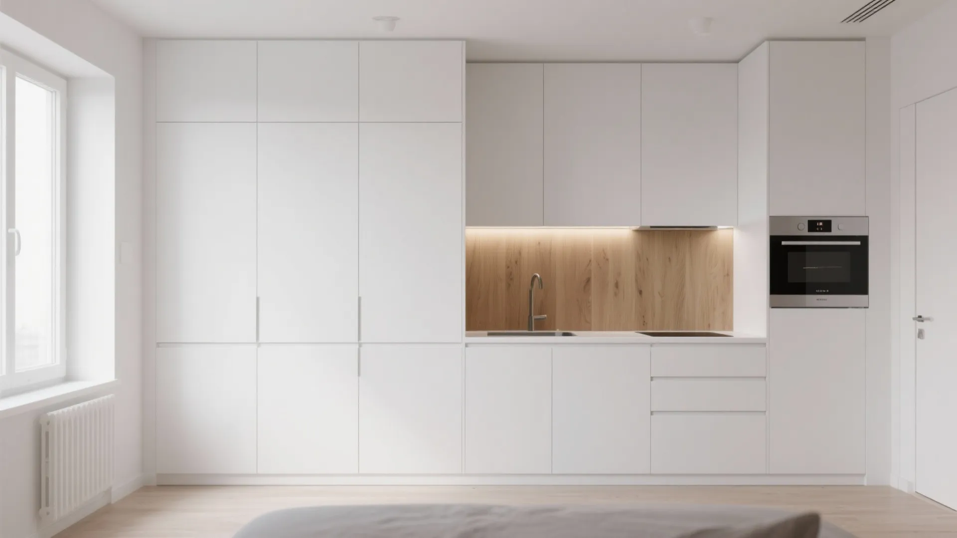 Minimalist white kitchen cabinets with wood splashback silver faucet built in oven and large bright window
