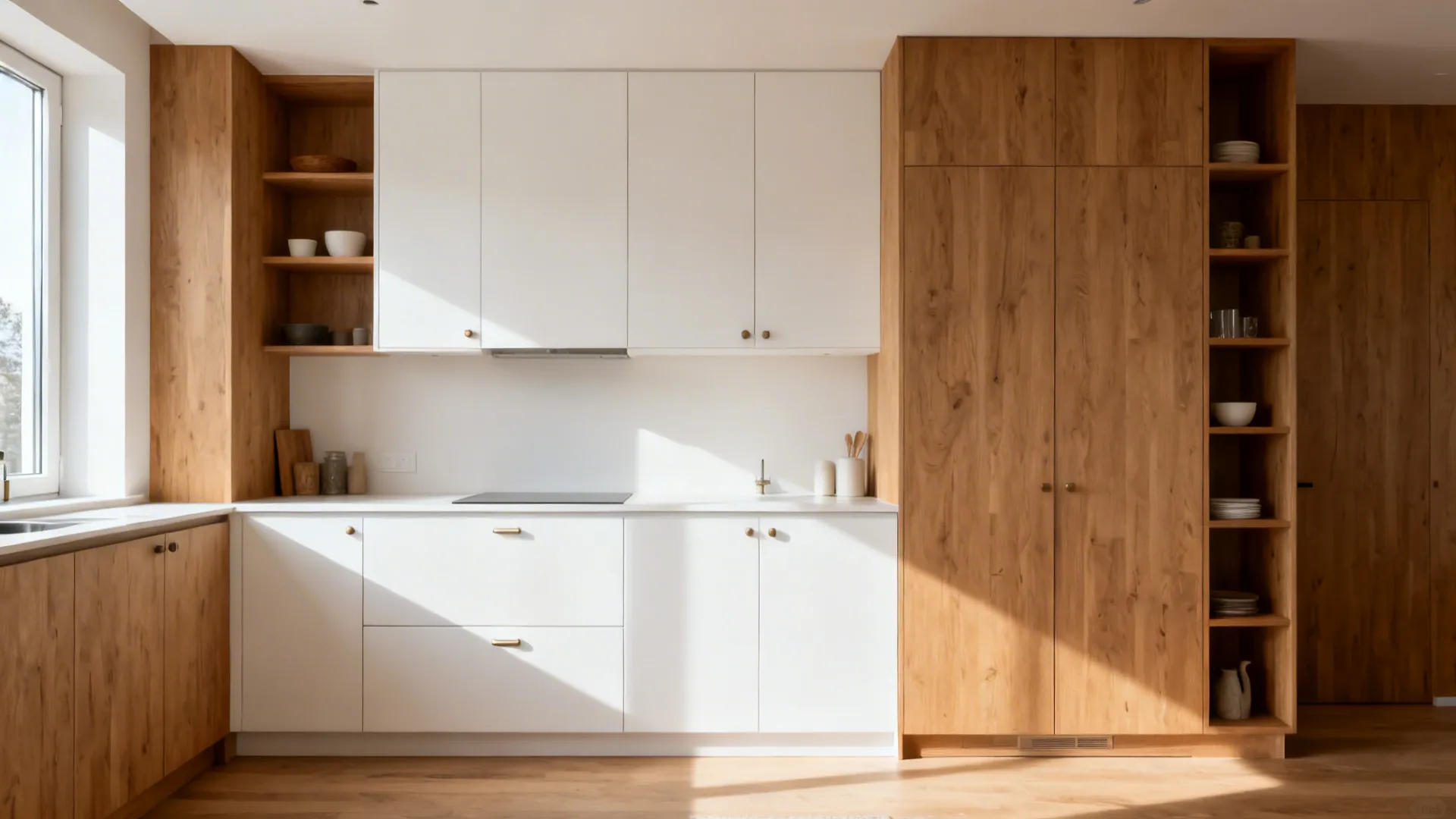 Minimalist Scandinavian storage layers with oak base cabinets, white wall units, and open shelves in soft daylight.