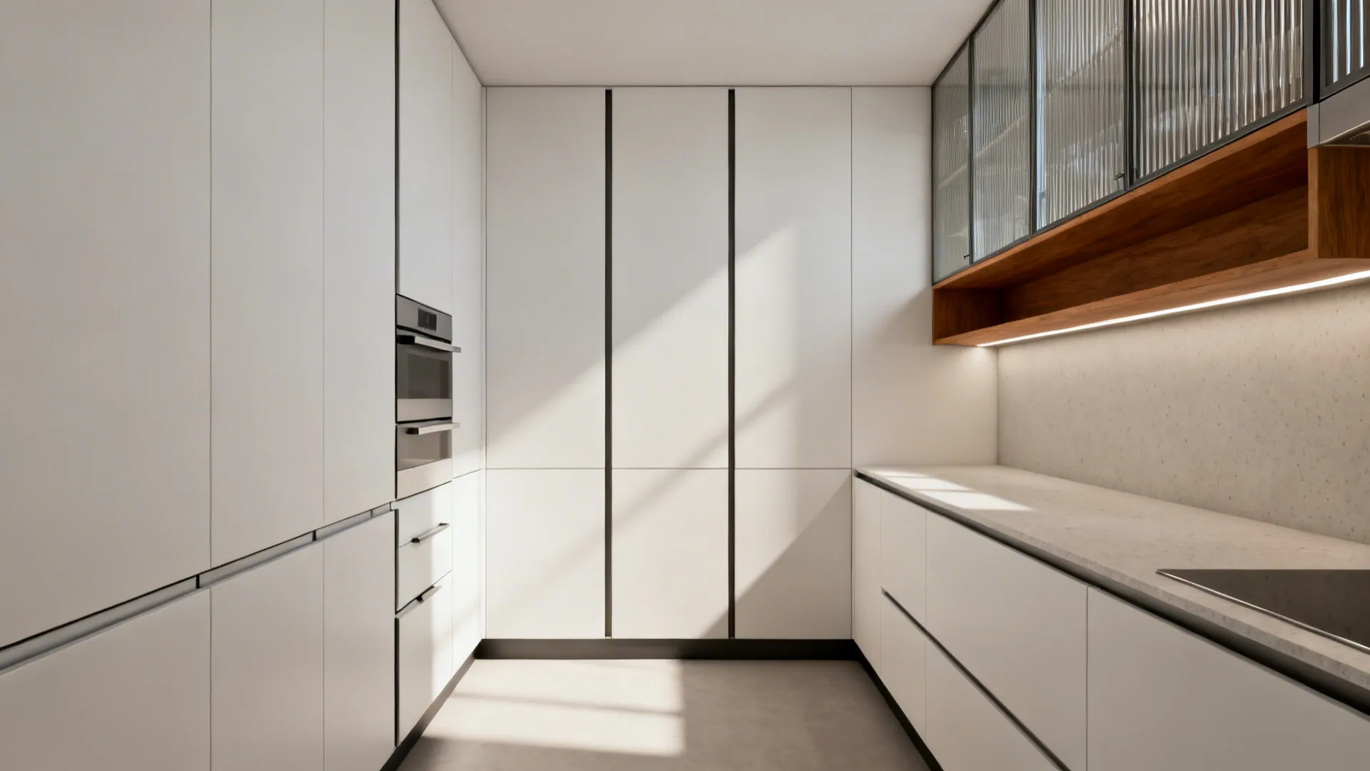 Minimalist small kitchen with ceiling-high matte white cabinets and a ribbed glass accent door.