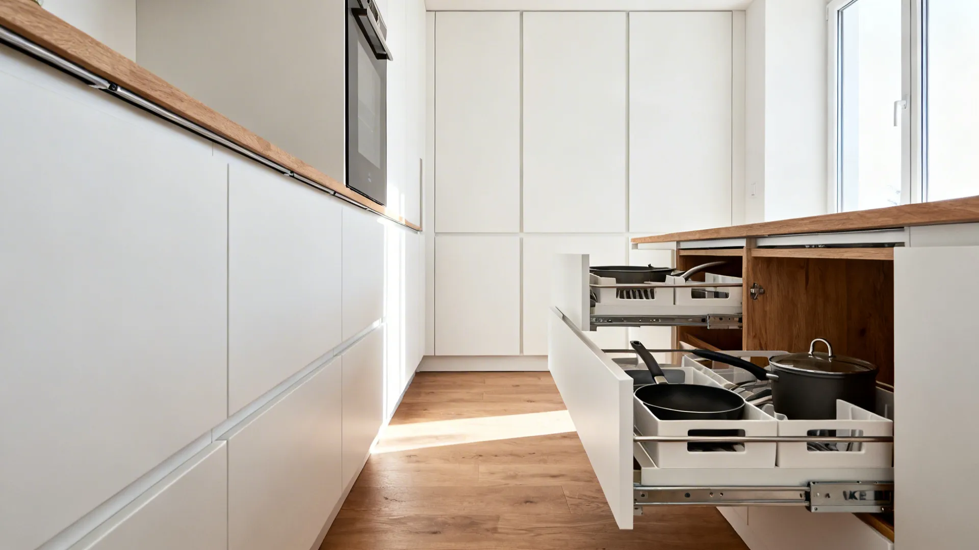 Minimalist galley kitchen with white drawers and organizers arranged neatly in a compact layout.