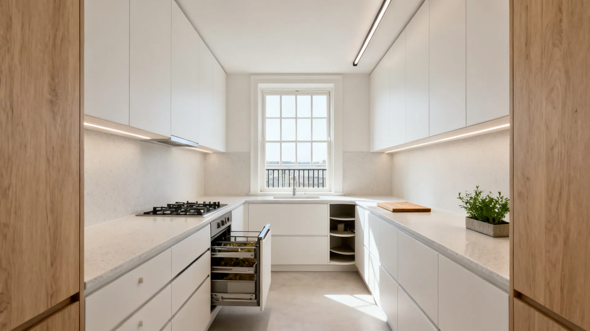 Handleless small kitchen with pull-out larder and clear counters maximizing space.
