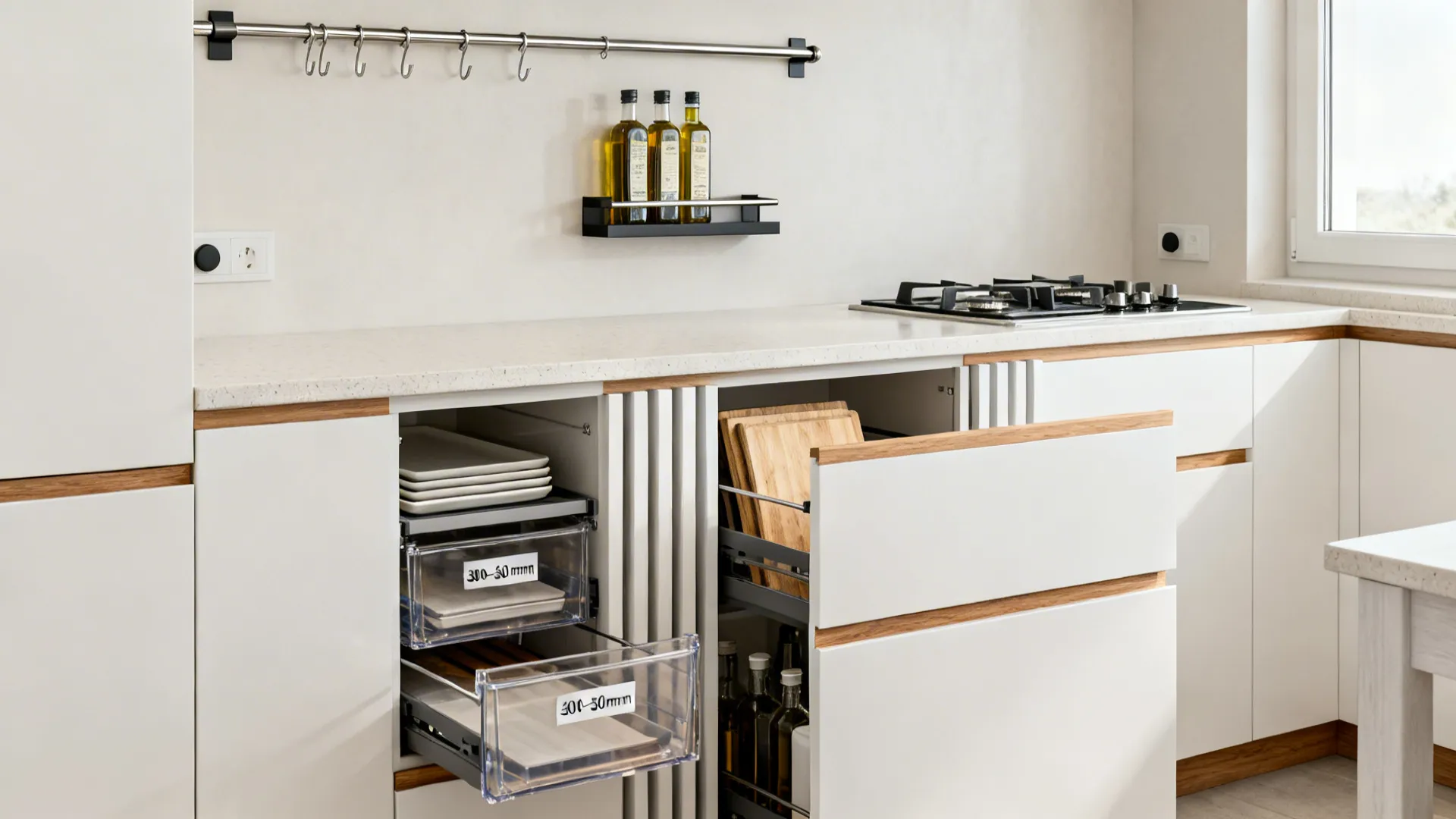 Minimalist kitchen storage with rail system, shallow pull-outs, and clear labeled bins.