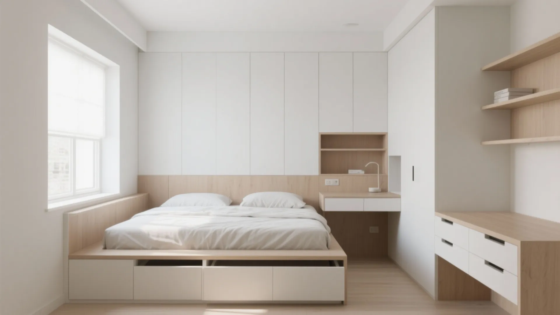Minimalist white bedroom featuring a platform bed with storage drawers and a built-in study desk