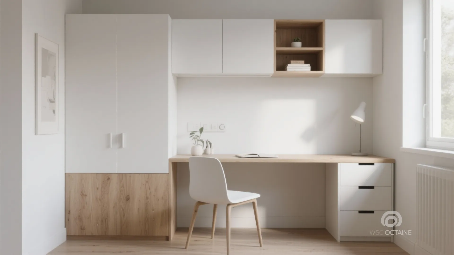 Minimalist study area with white built in cabinet wooden desk white chair and small table lamp