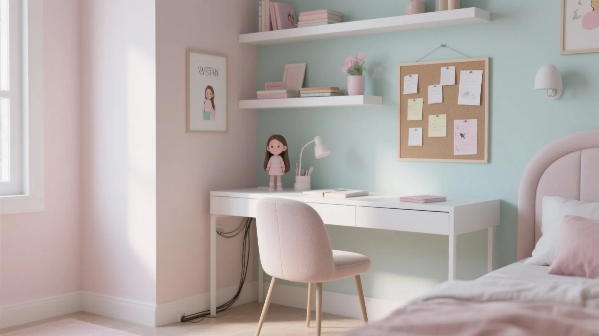 Minimalist study area with white desk pink chair cork board and shelves in girls room