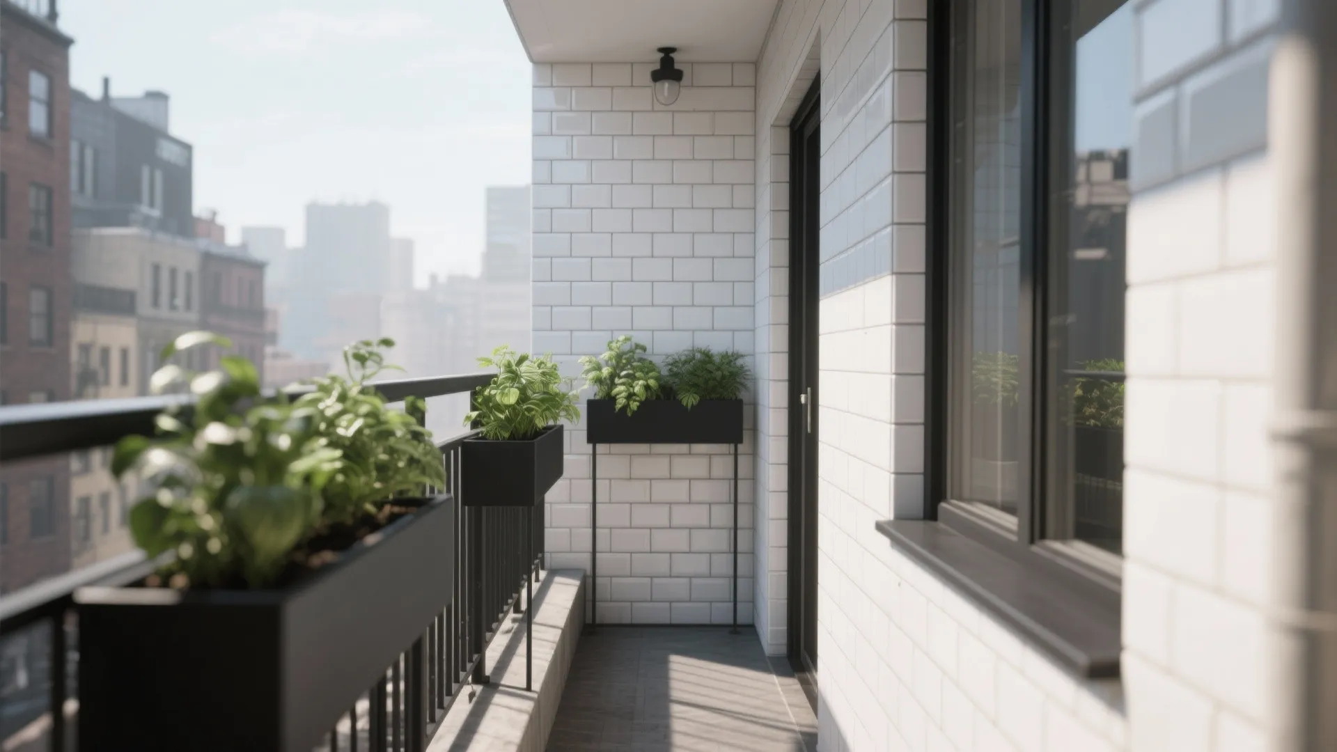 Narrow balcony with white brick walls black railing boxes containing green plants and city views