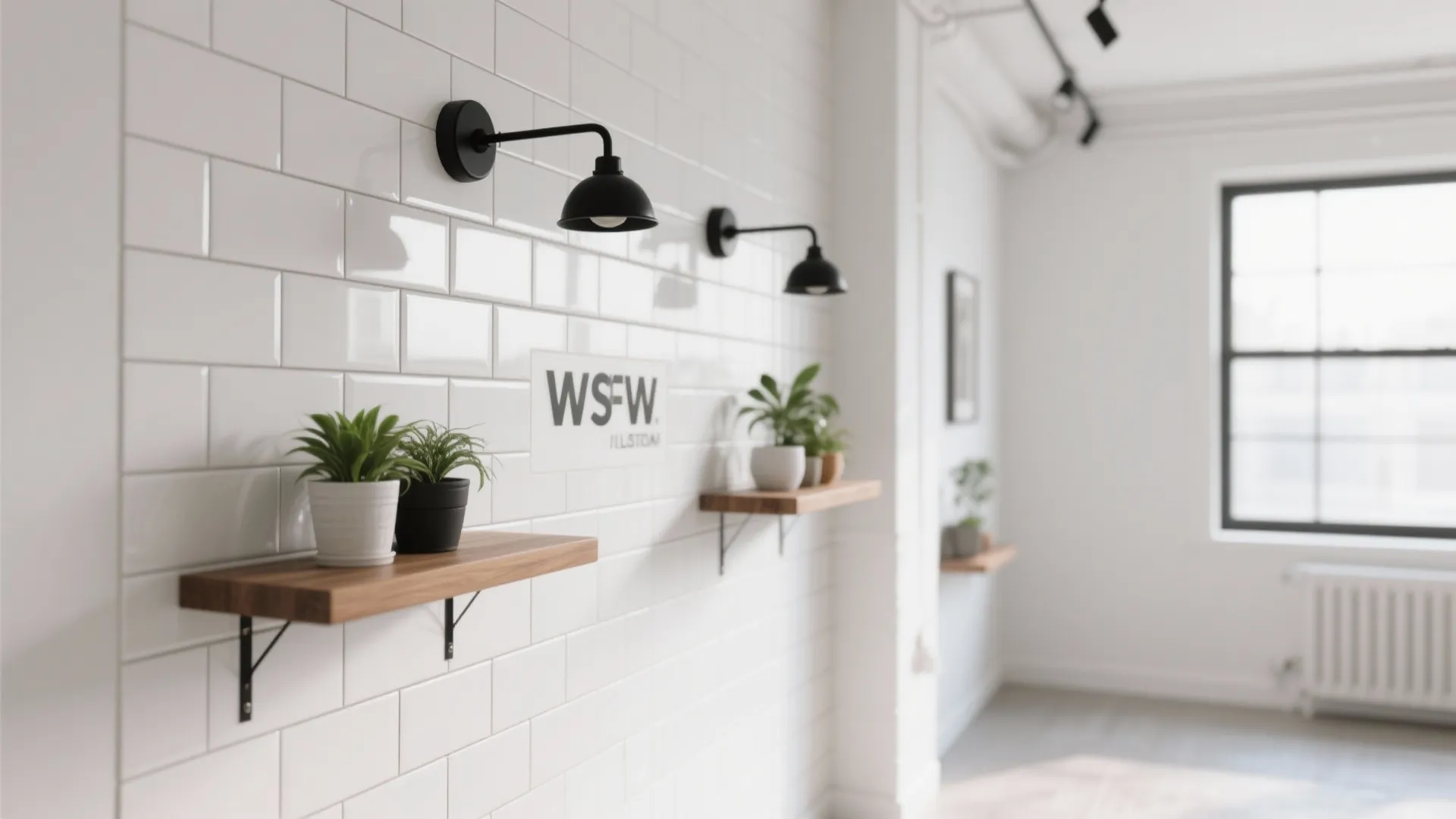 White tile wall with wooden shelves, small green plants, black wall lights, and bright window